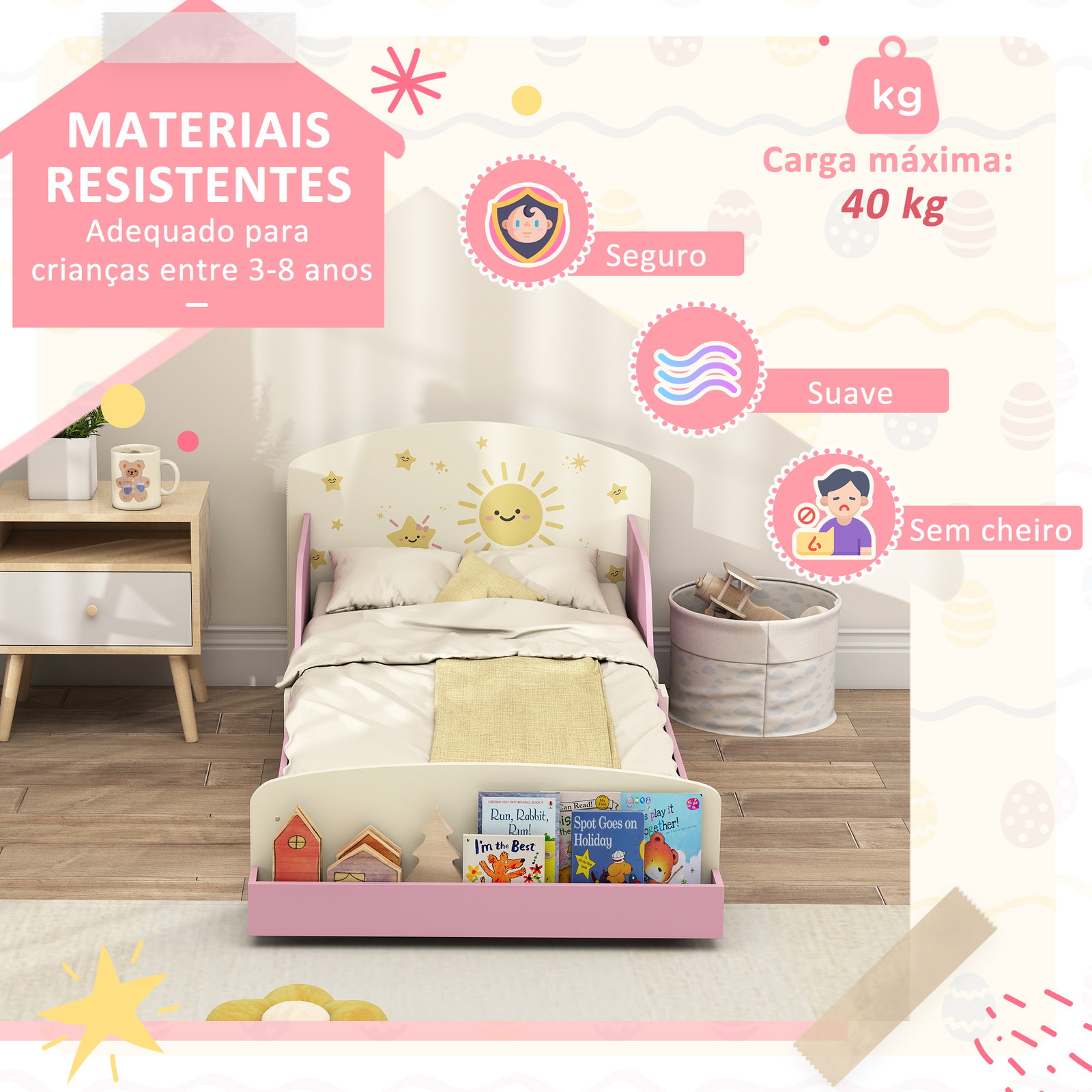 Cama infantil para crianças +3 anos 70x140 cm em madeira com armazenamento e desenhos de estrelas para dormitório rosa