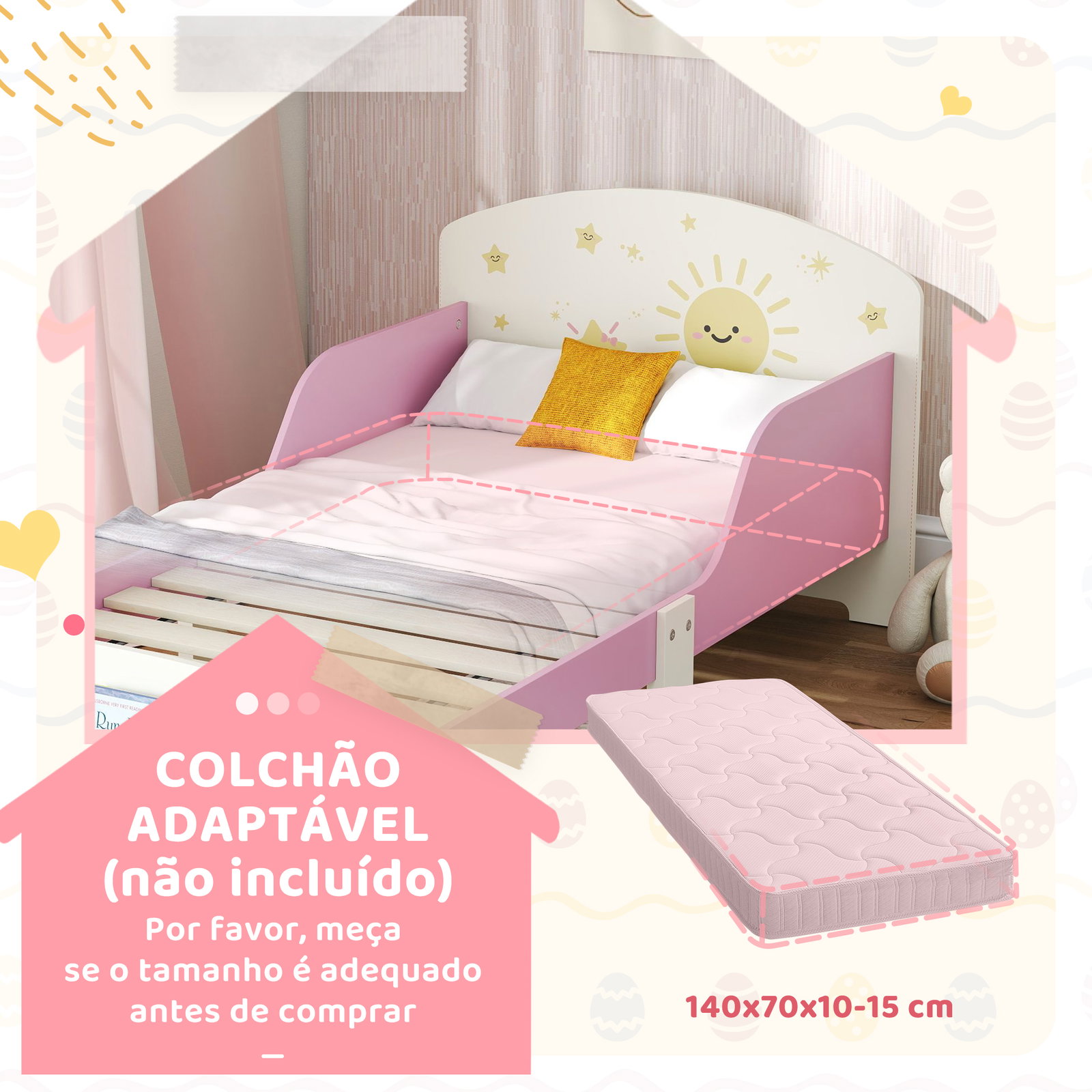 Cama infantil para crianças +3 anos 70x140 cm em madeira com armazenamento e desenhos de estrelas para dormitório rosa
