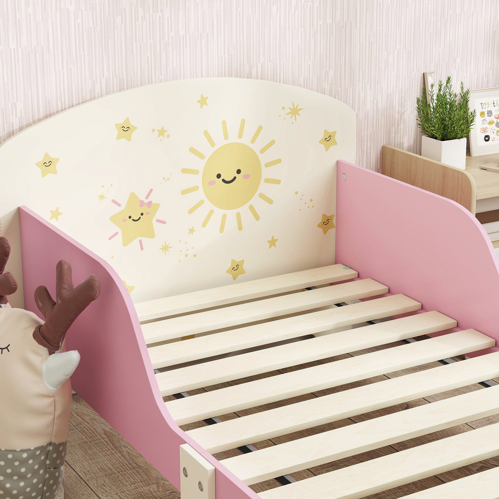 Cama infantil para crianças +3 anos 70x140 cm em madeira com armazenamento e desenhos de estrelas para dormitório rosa