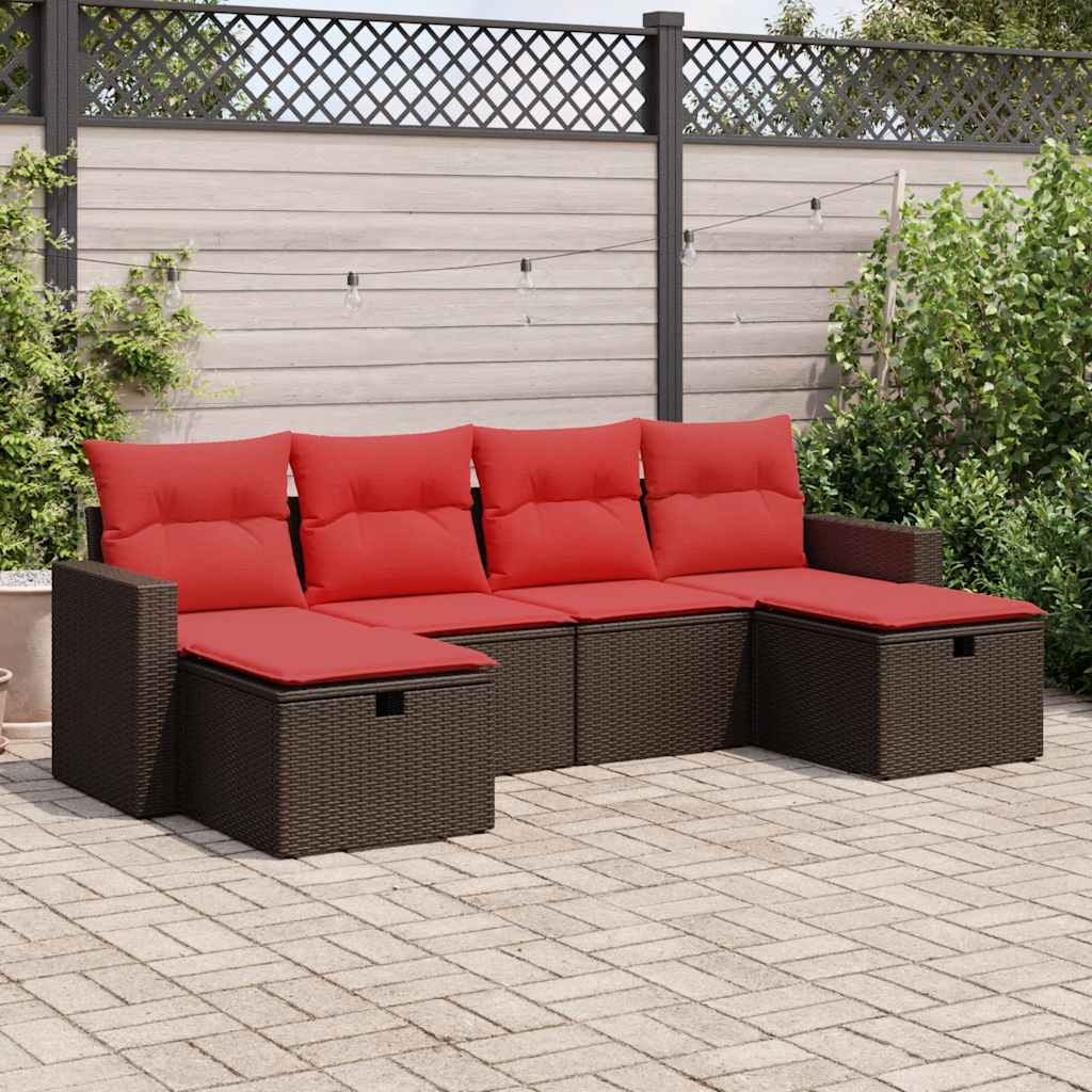 6 Pcs conjunto de sofás jardim c/ almofadões vime PE castanho