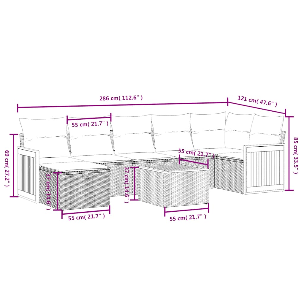 8 Pcs conjunto sofás de jardim com almofadões vime PE preto