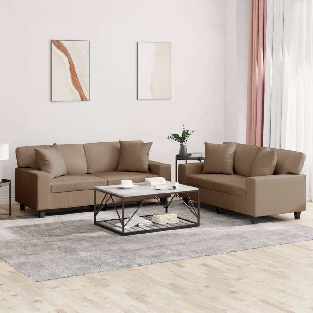 2 Pcs conjunto sofás c/ almofadas couro artificial cappuccino