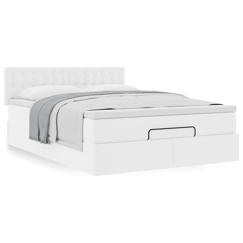 Estrutura de cama otomana com colchão branco couro falso