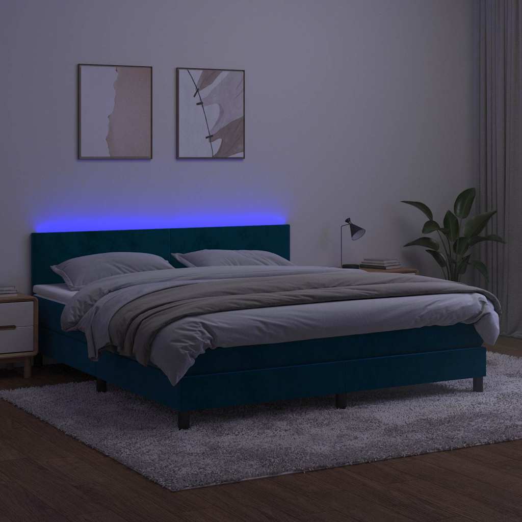 Cama box spring c/ colchão/LED 160x200 cm veludo azul-escuro
