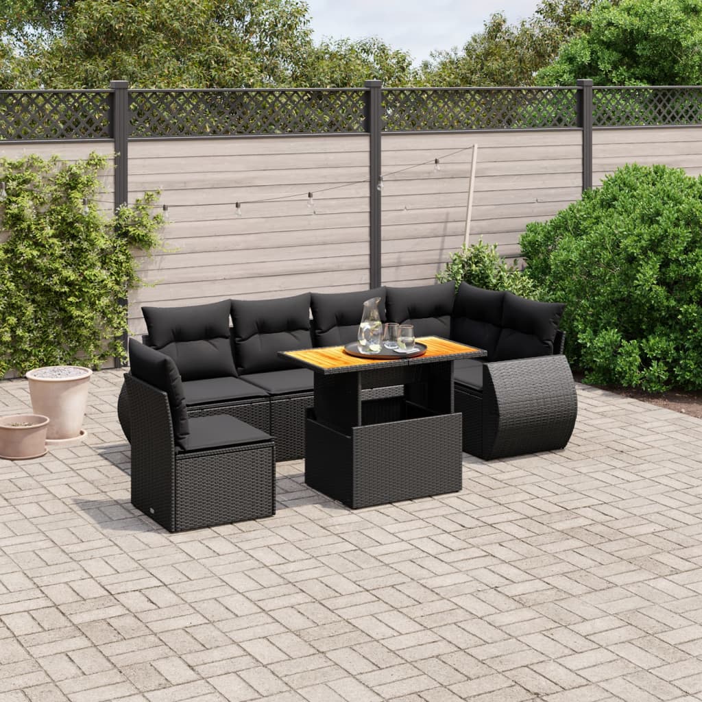 7 Pcs conjunto de sofás p/ jardim c/ almofadões vime PE preto