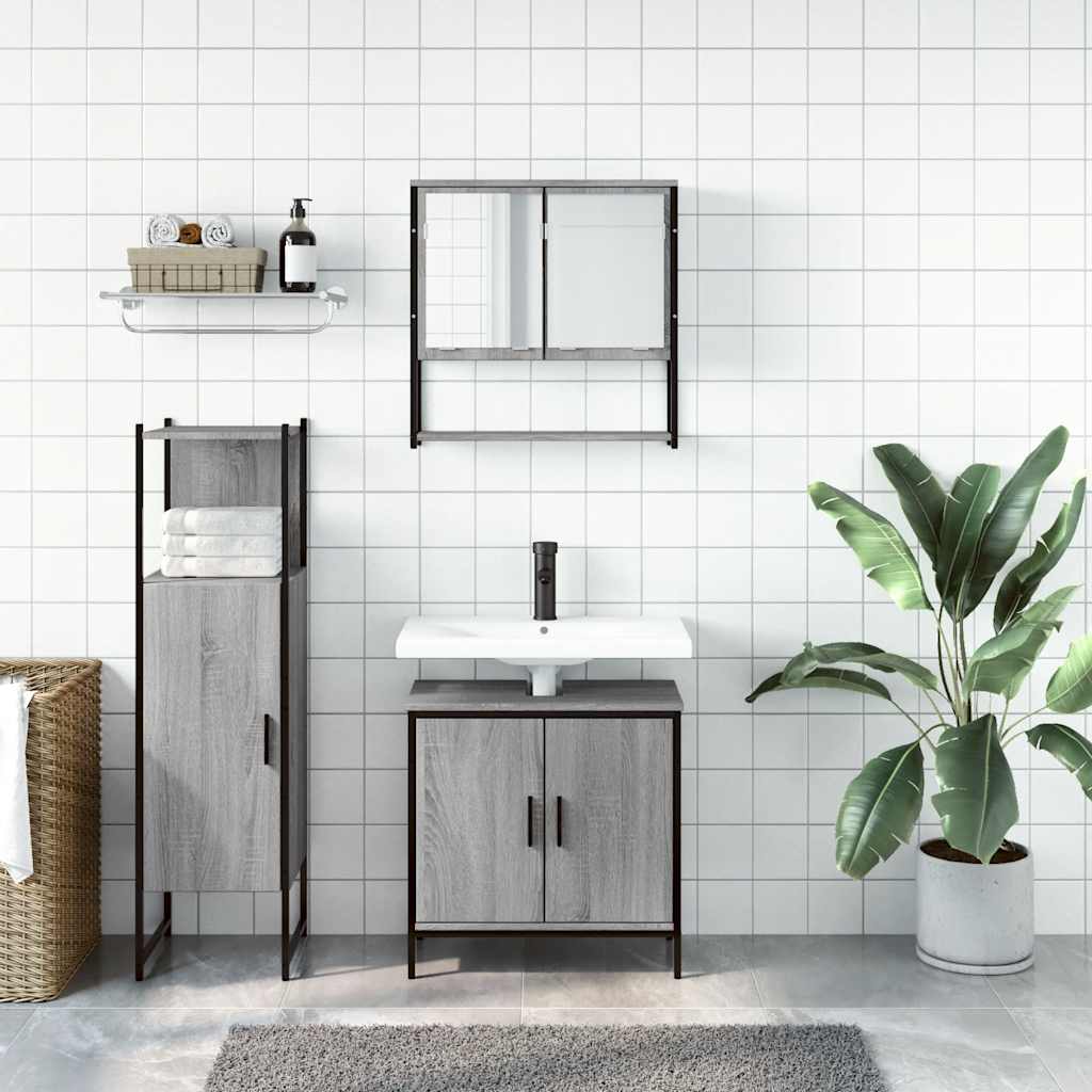 3 Pcs conjunto móveis casa de banho madeira proc. cinza sonoma