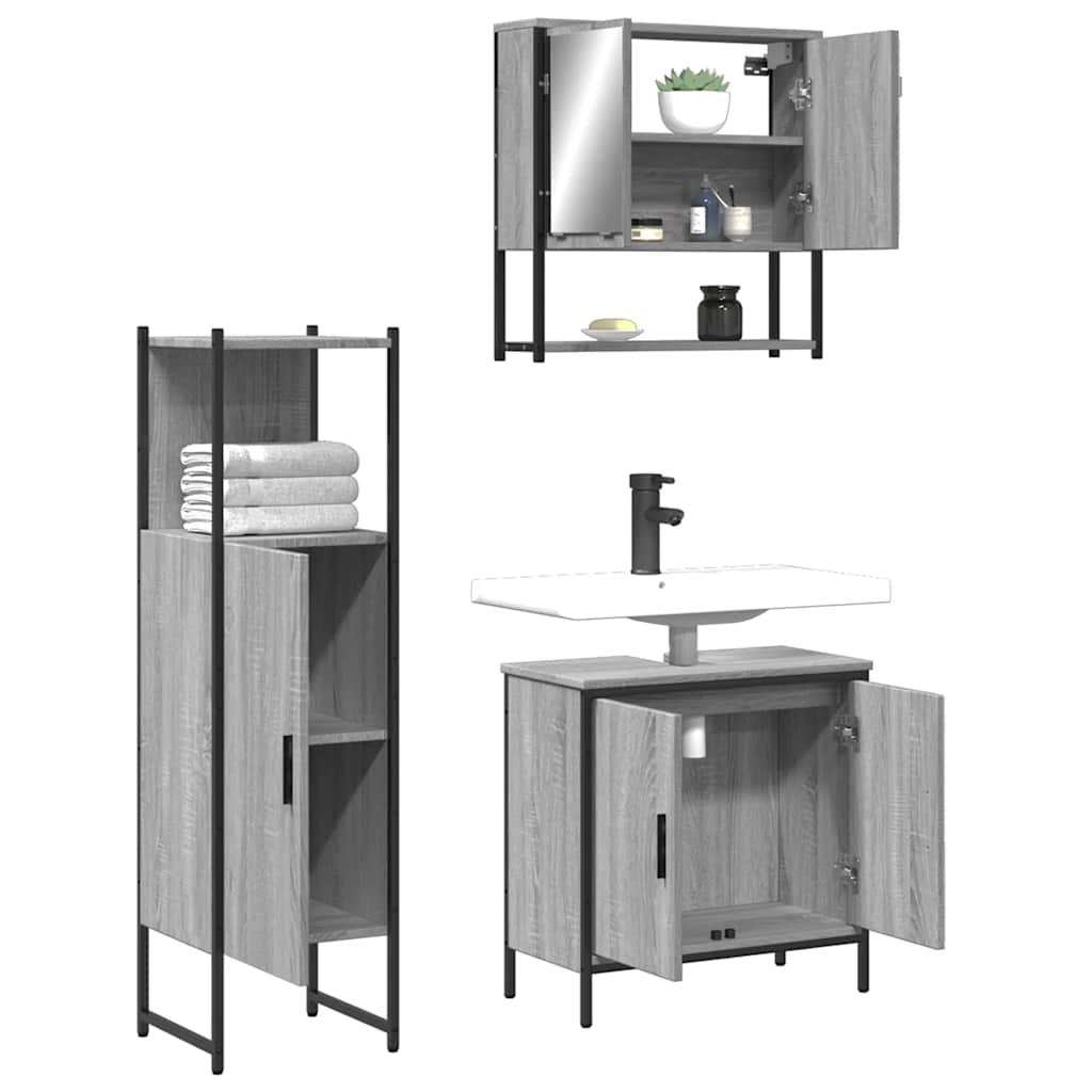 3 Pcs conjunto móveis casa de banho madeira proc. cinza sonoma