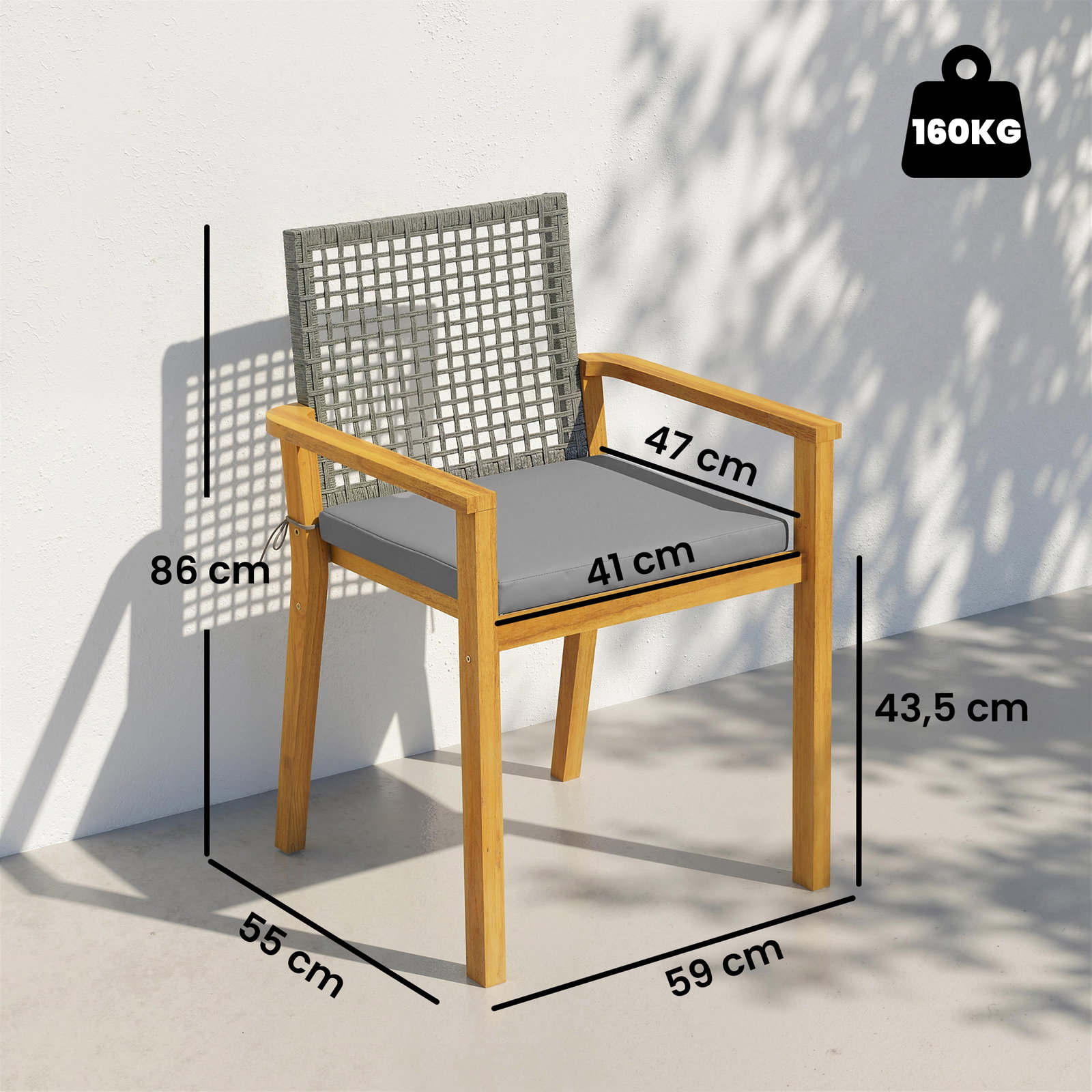 Conjunto de 2 cadeiras de jardim exterior em madeira empilháveis com almofadas removíveis braços encosto 59x55x86 cm madeira