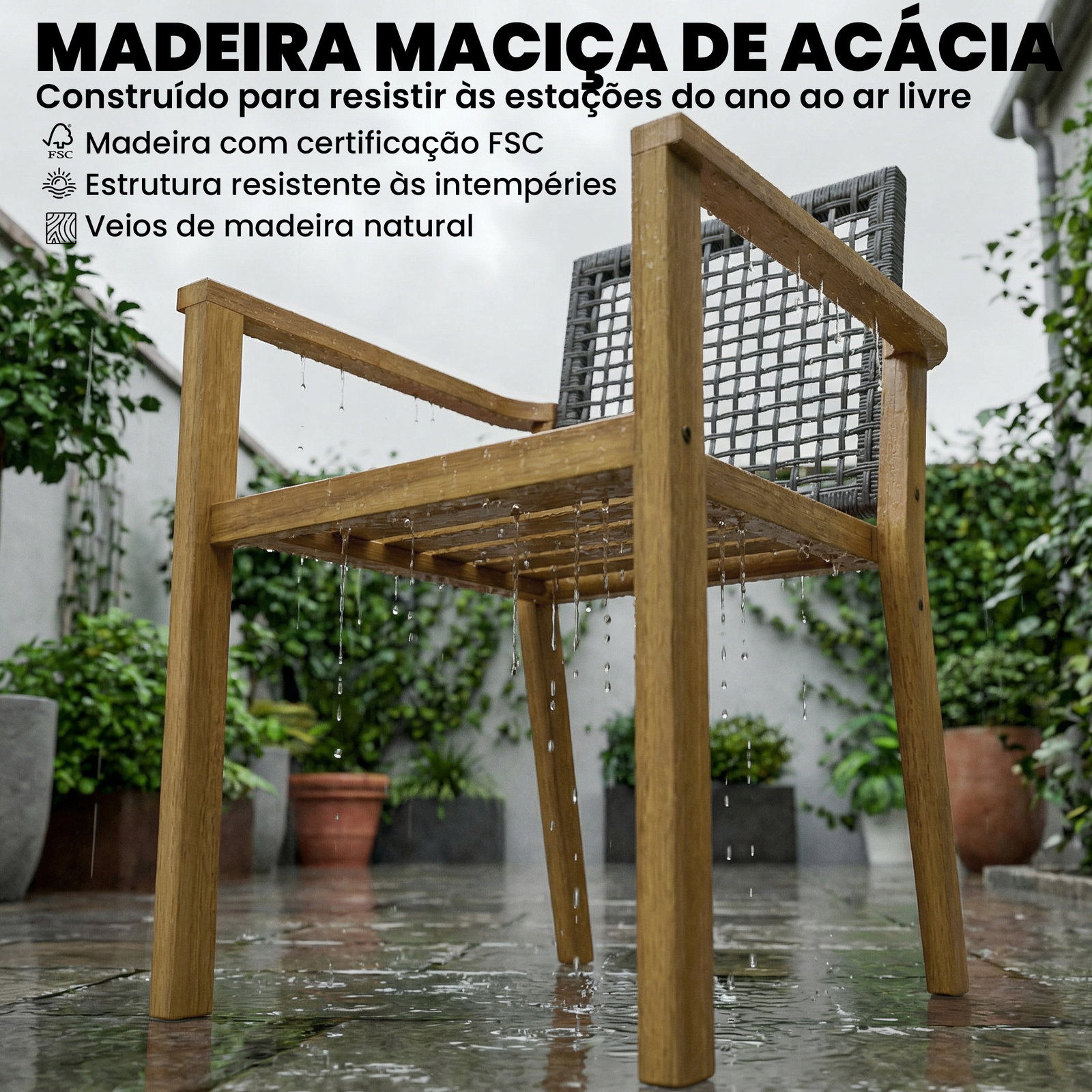 Conjunto de 2 cadeiras de jardim exterior em madeira empilháveis com almofadas removíveis braços encosto 59x55x86 cm madeira