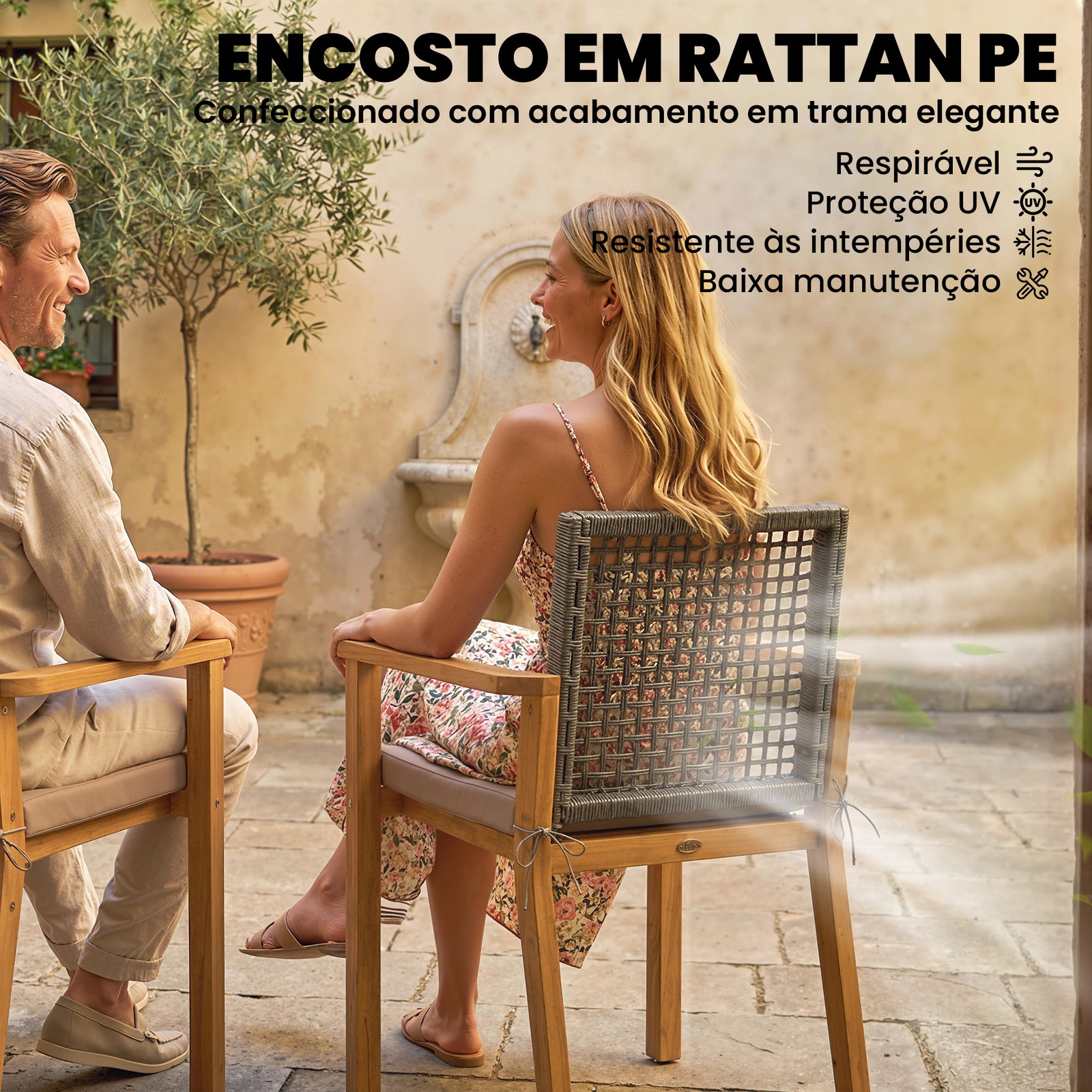 Conjunto de 2 cadeiras de jardim exterior em madeira empilháveis com almofadas removíveis braços encosto 59x55x86 cm madeira
