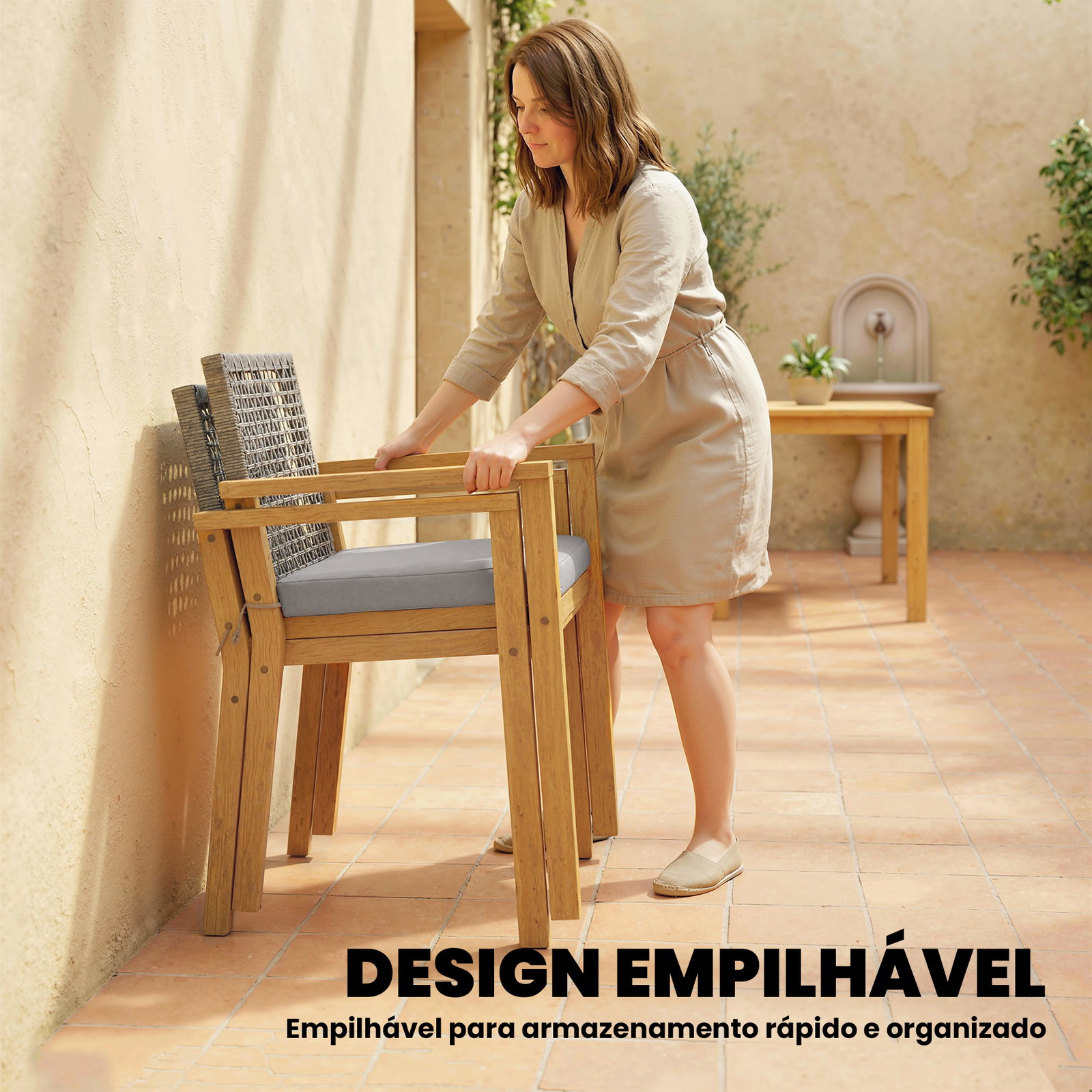 Conjunto de 2 cadeiras de jardim exterior em madeira empilháveis com almofadas removíveis braços encosto 59x55x86 cm madeira