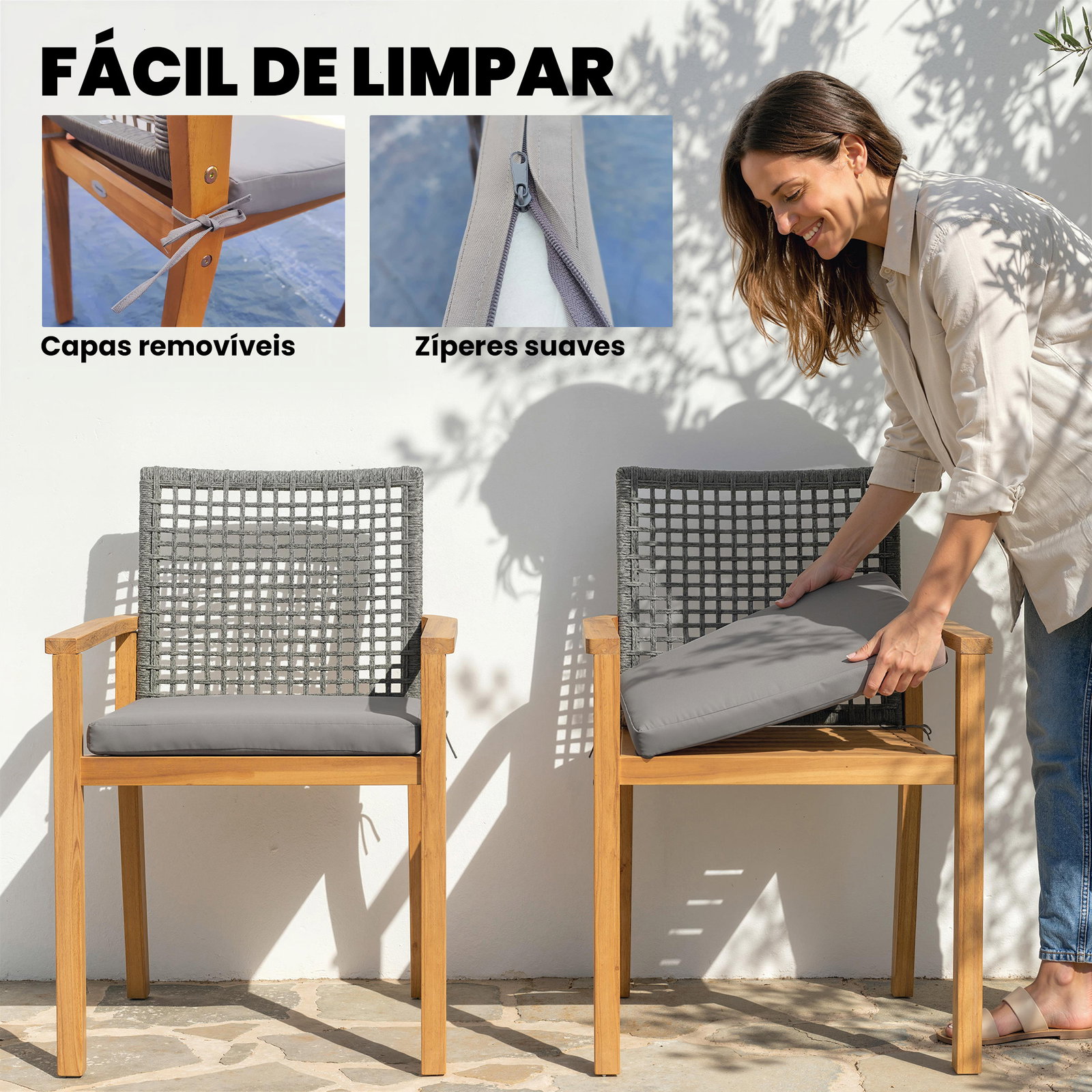Conjunto de 2 cadeiras de jardim exterior em madeira empilháveis com almofadas removíveis braços encosto 59x55x86 cm madeira