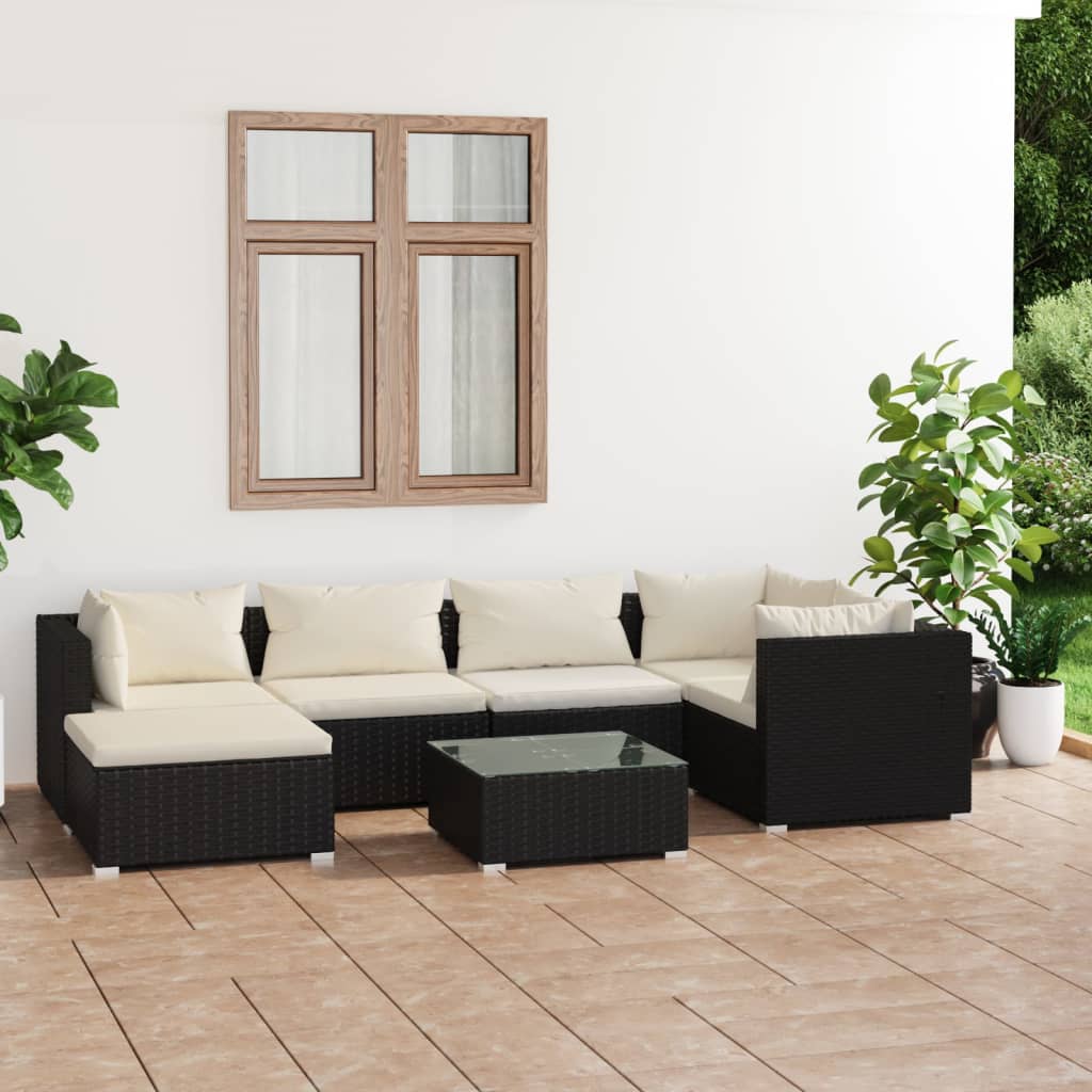 7 Pcs conjunto lounge de jardim c/ almofadões vime PE preto