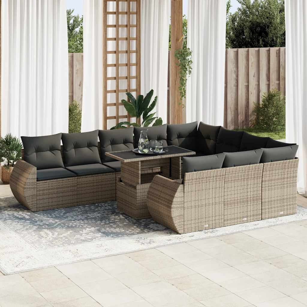 11 Pcs conjunto sofás de jardim c/ almofadões vime PE cinzento