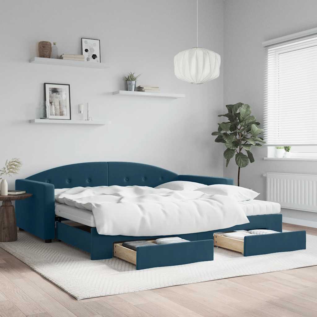 Sofá-cama com gavetão e gavetas 100x200 cm veludo azul