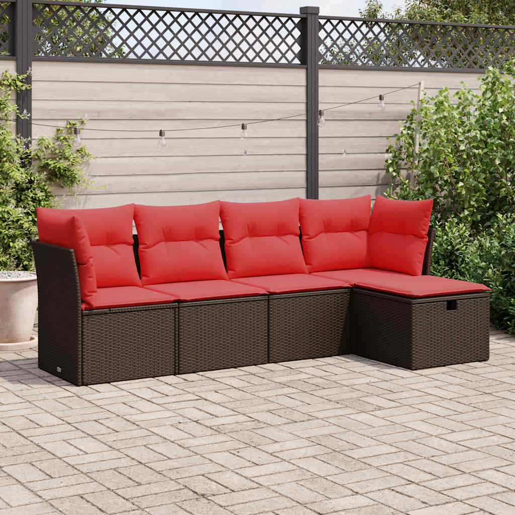 5 Pcs conjunto sofás p/ jardim c/ almofadões vime PE castanho