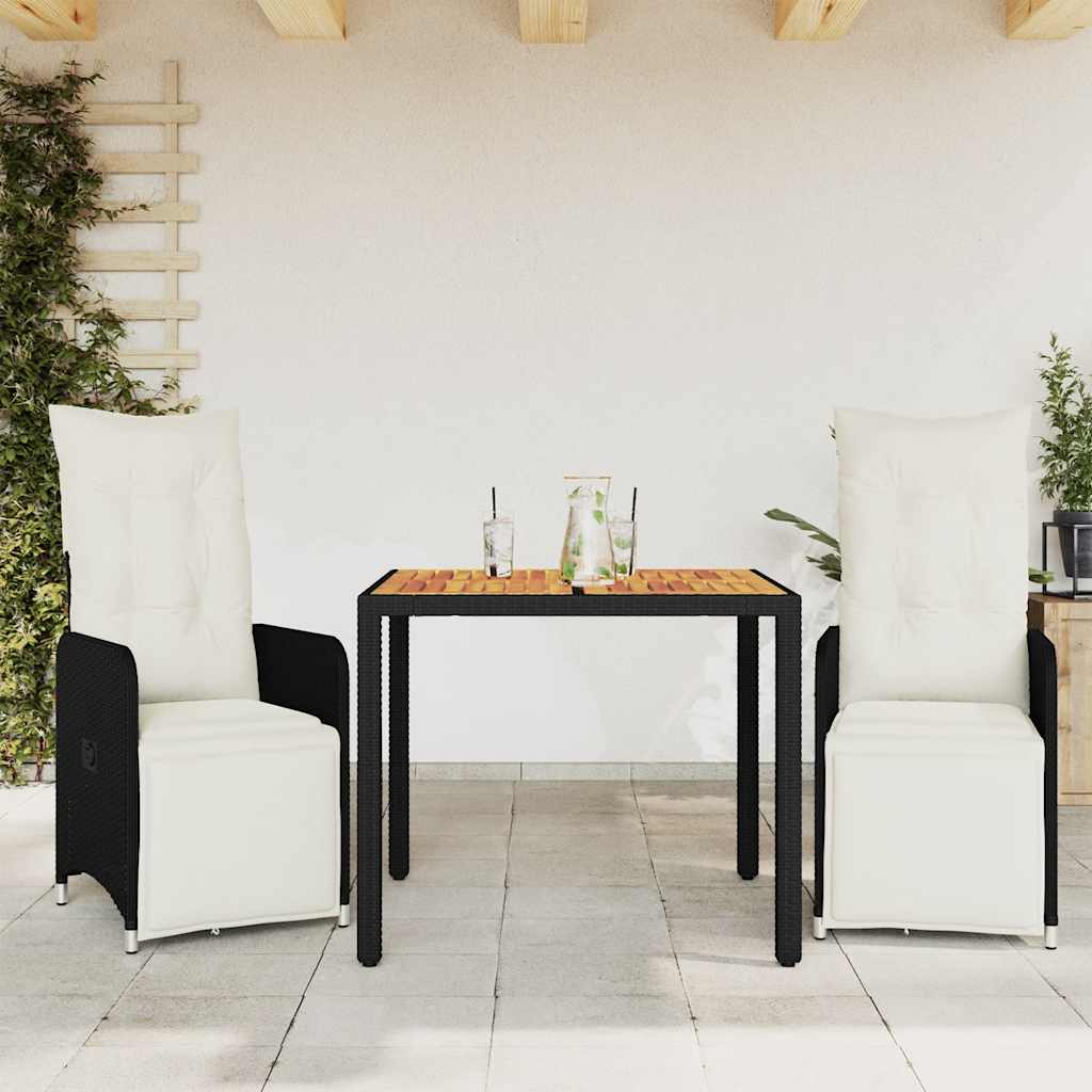 3 Pcs conjunto bistrô de jardim c/ almofadões vime PE preto
