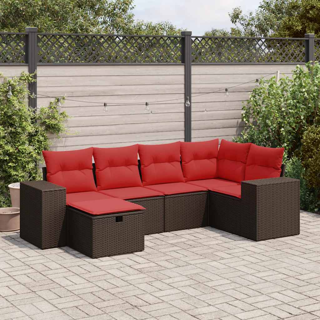 6 Pcs conjunto de sofás jardim c/ almofadões vime PE castanho