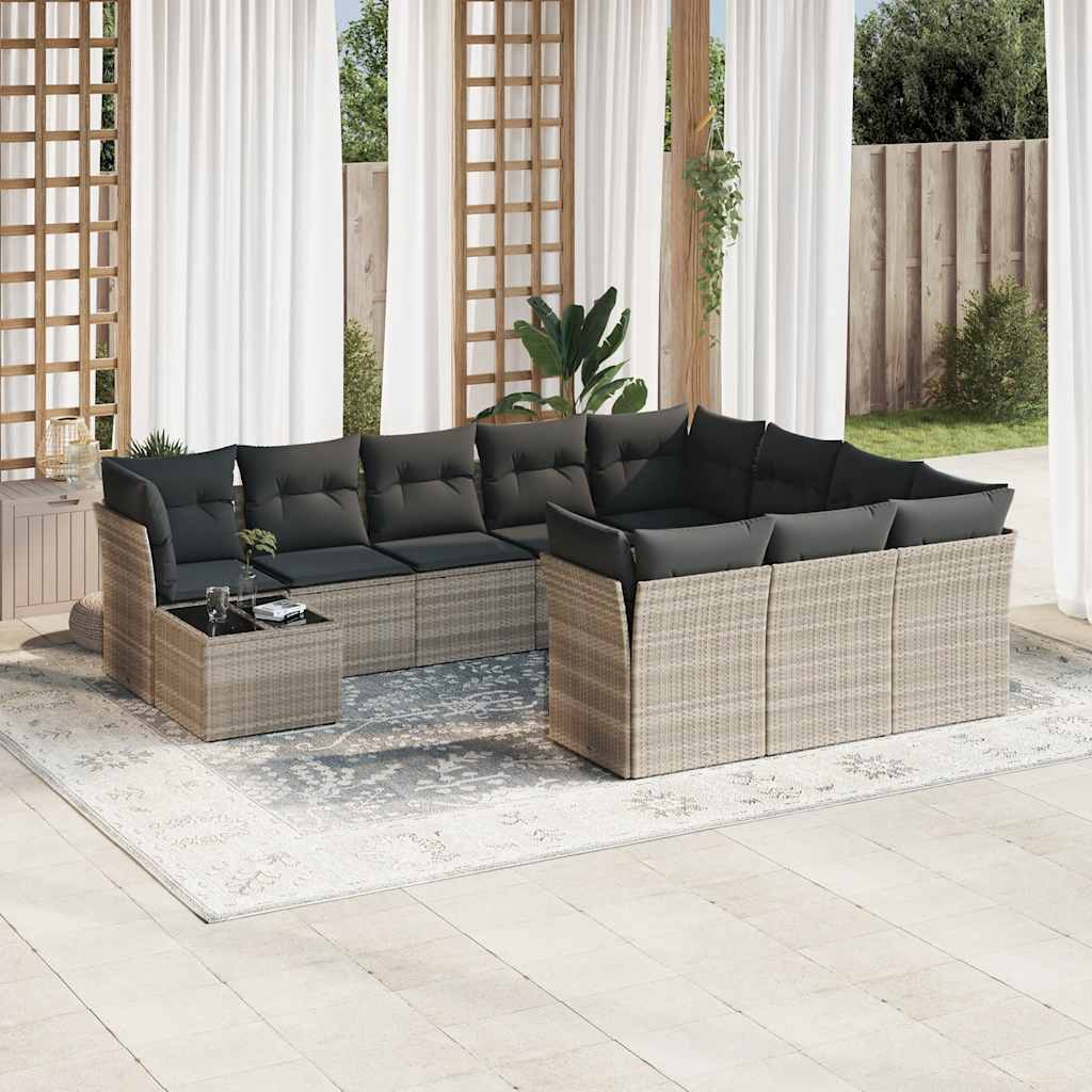 11 Pcs conjunto sofás de jardim c/ almofadões vime PE cinzento