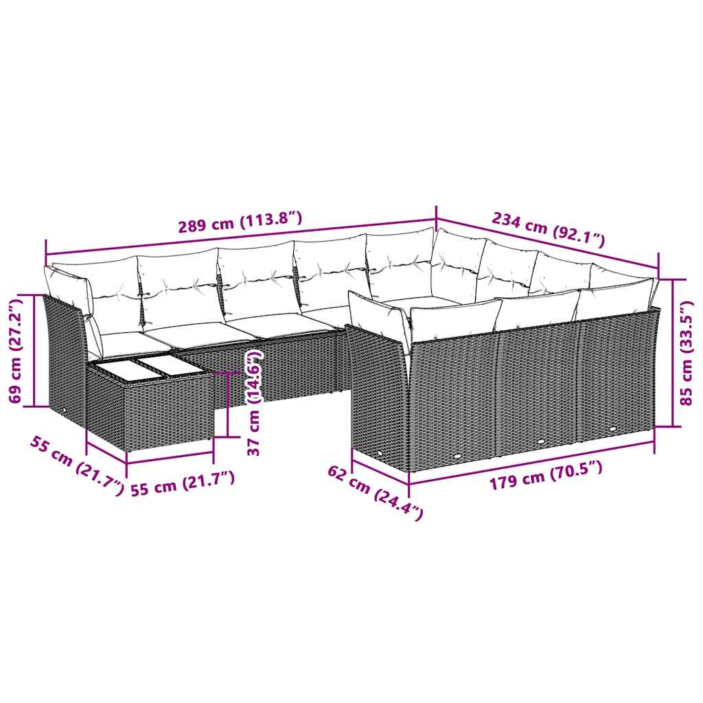 11 Pcs conjunto sofás de jardim c/ almofadões vime PE cinzento