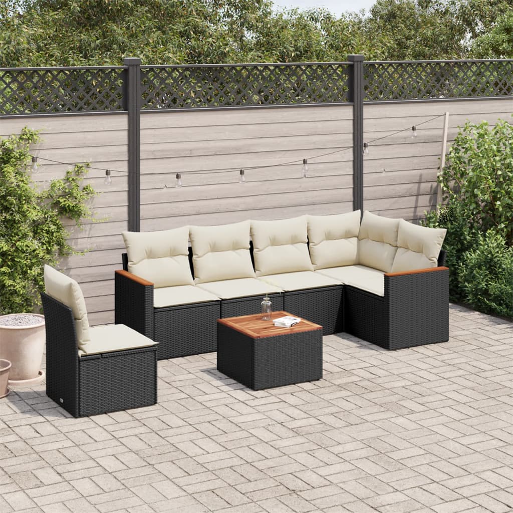 7 Pcs conjunto de sofás p/ jardim c/ almofadões vime PE preto