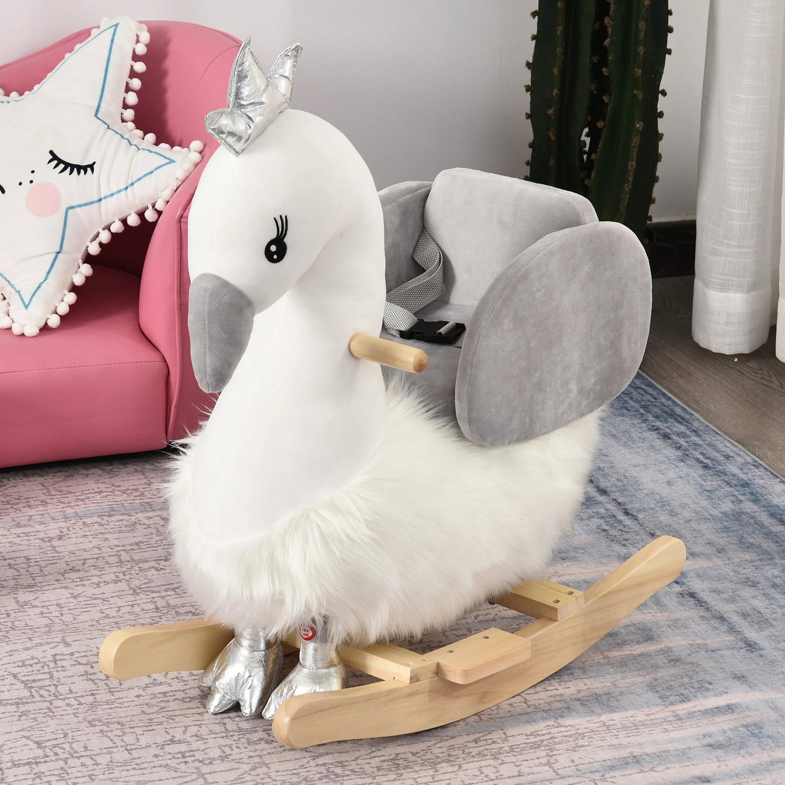 Cavalo baloiço para bebés com forma de cisnei com sons apoio para os pés e cinto de segurança 60x33x59 cm branco e cinza