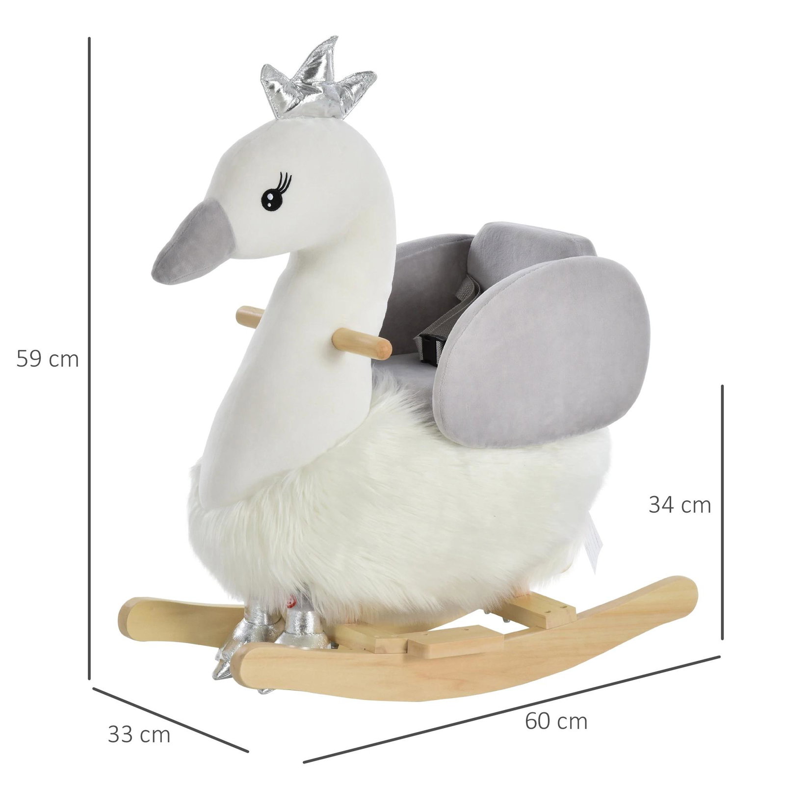 Cavalo baloiço para bebés com forma de cisnei com sons apoio para os pés e cinto de segurança 60x33x59 cm branco e cinza