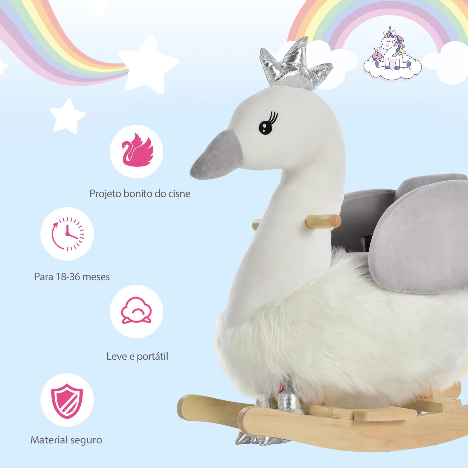 Cavalo baloiço para bebés com forma de cisnei com sons apoio para os pés e cinto de segurança 60x33x59 cm branco e cinza