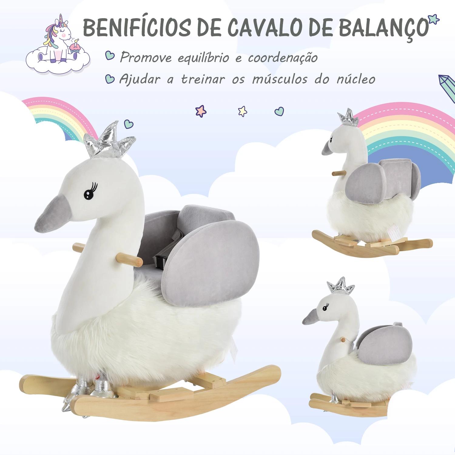 Cavalo baloiço para bebés com forma de cisnei com sons apoio para os pés e cinto de segurança 60x33x59 cm branco e cinza