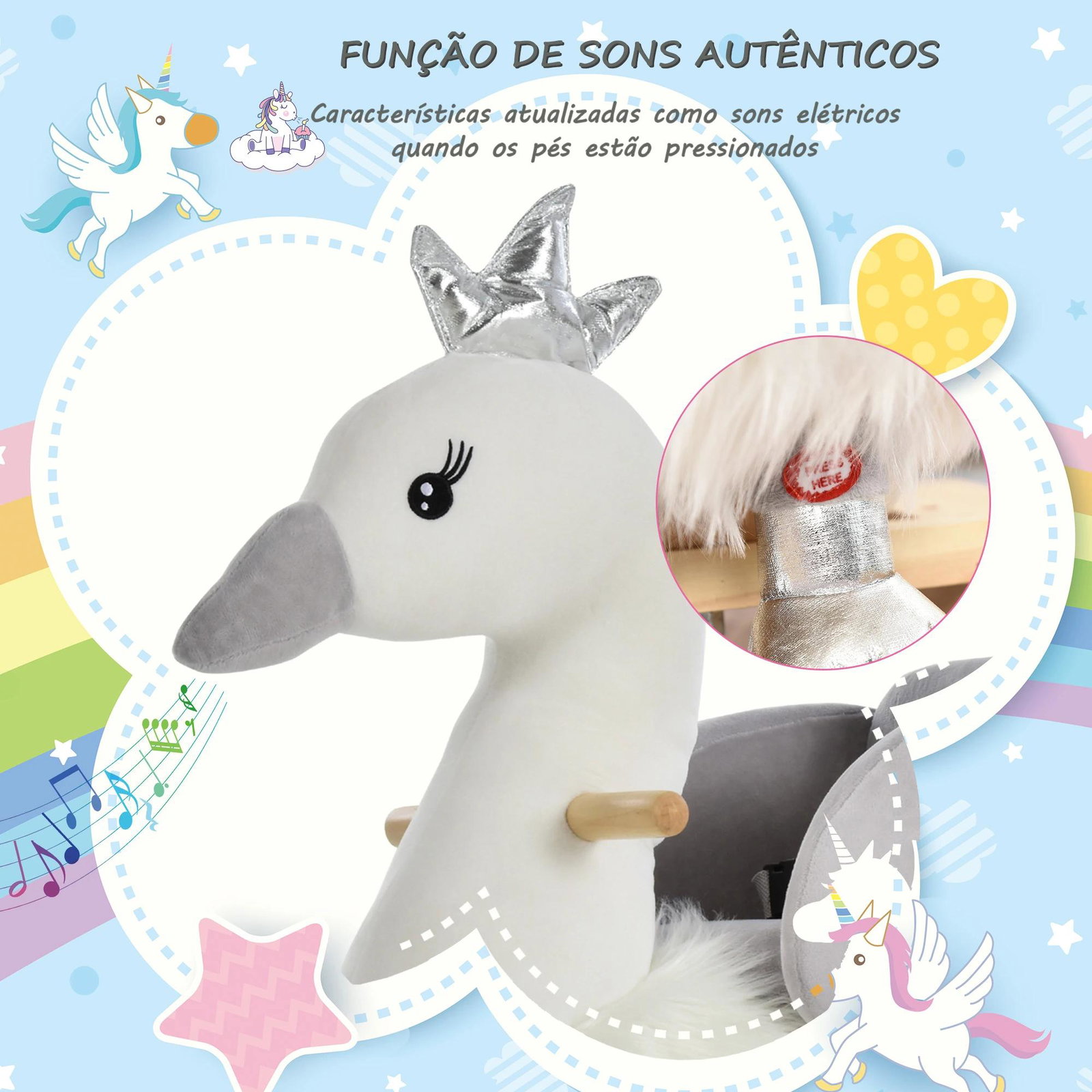 Cavalo baloiço para bebés com forma de cisnei com sons apoio para os pés e cinto de segurança 60x33x59 cm branco e cinza