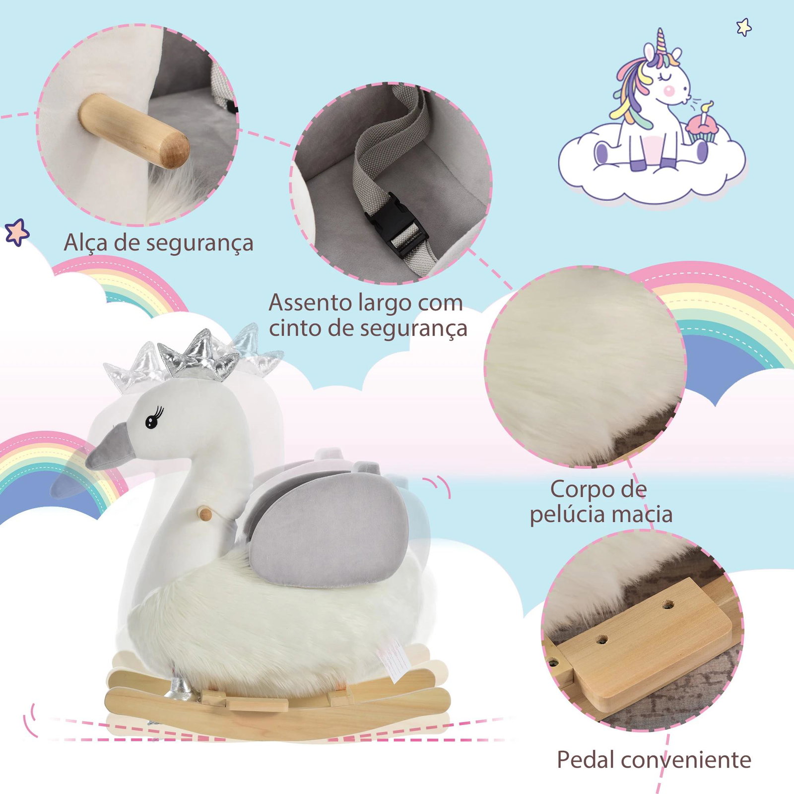 Cavalo baloiço para bebés com forma de cisnei com sons apoio para os pés e cinto de segurança 60x33x59 cm branco e cinza