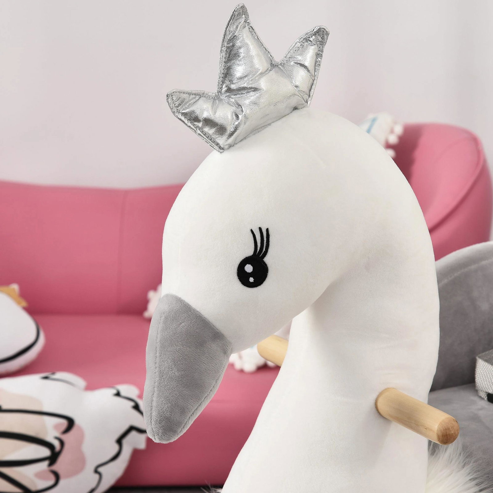 Cavalo baloiço para bebés com forma de cisnei com sons apoio para os pés e cinto de segurança 60x33x59 cm branco e cinza