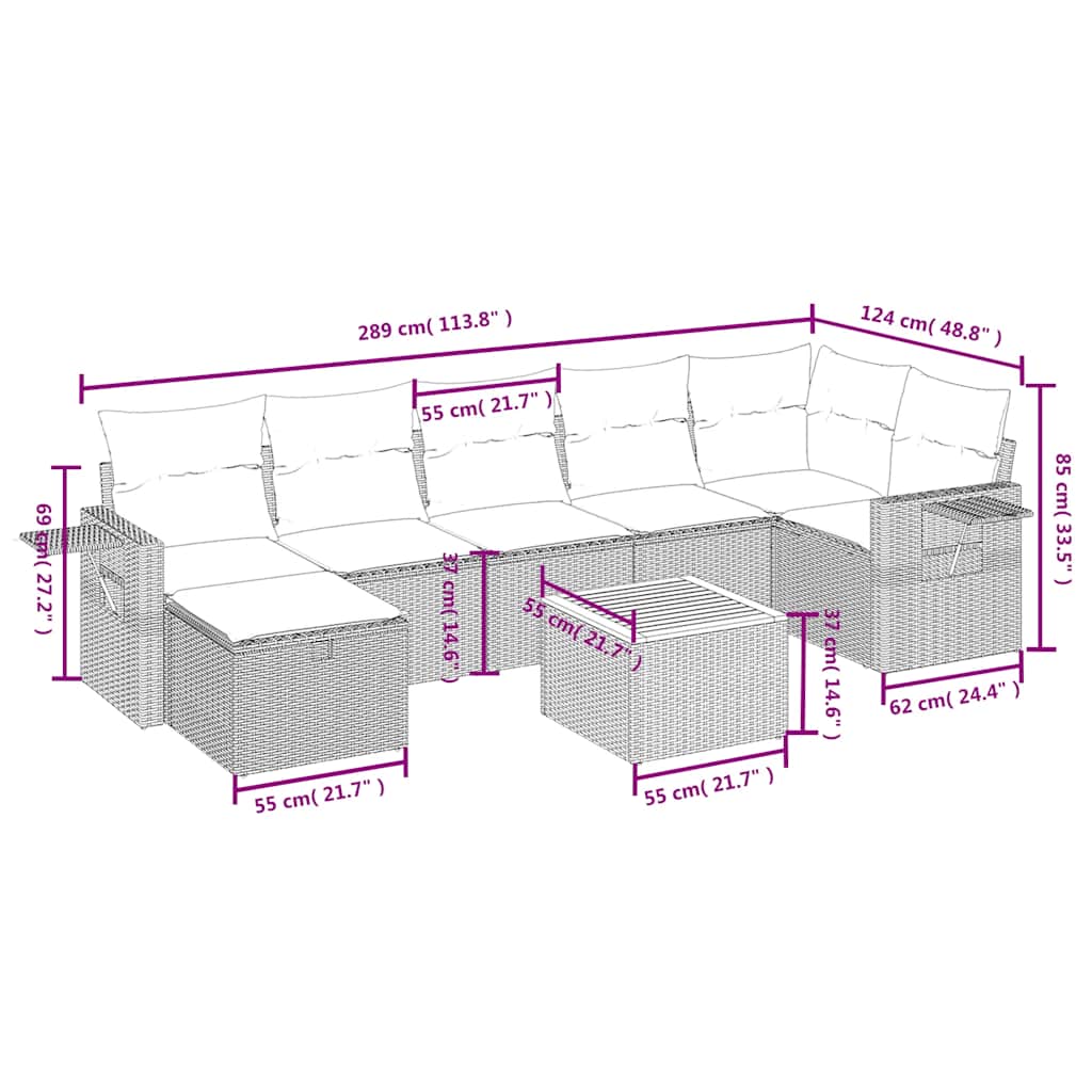 8 Pcs conjunto sofás de jardim com almofadões vime PE preto