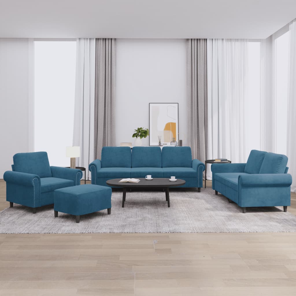 4 Pcs conjunto de sofás com almofadões veludo azul