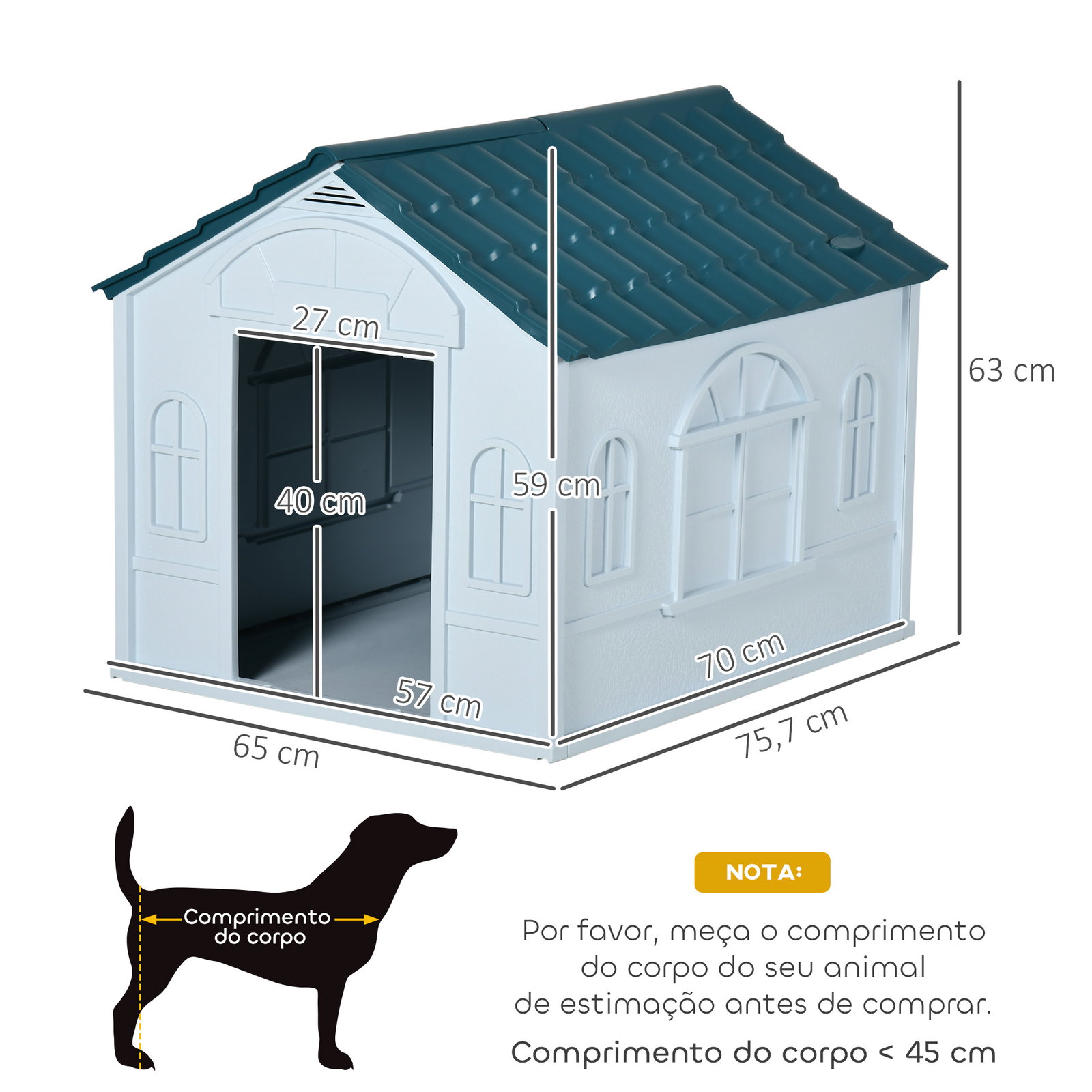 Casa para cães 65x75,7x63 cm casa para cães com janelas e teto com telhas de imitação para cães médios azul e branco