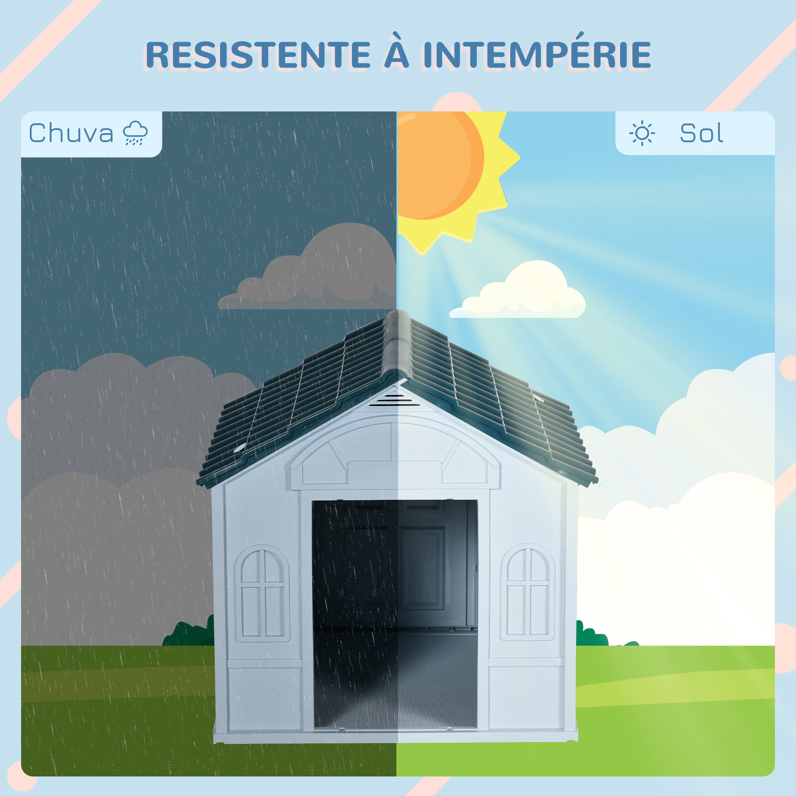 Casa para cães 65x75,7x63 cm casa para cães com janelas e teto com telhas de imitação para cães médios azul e branco