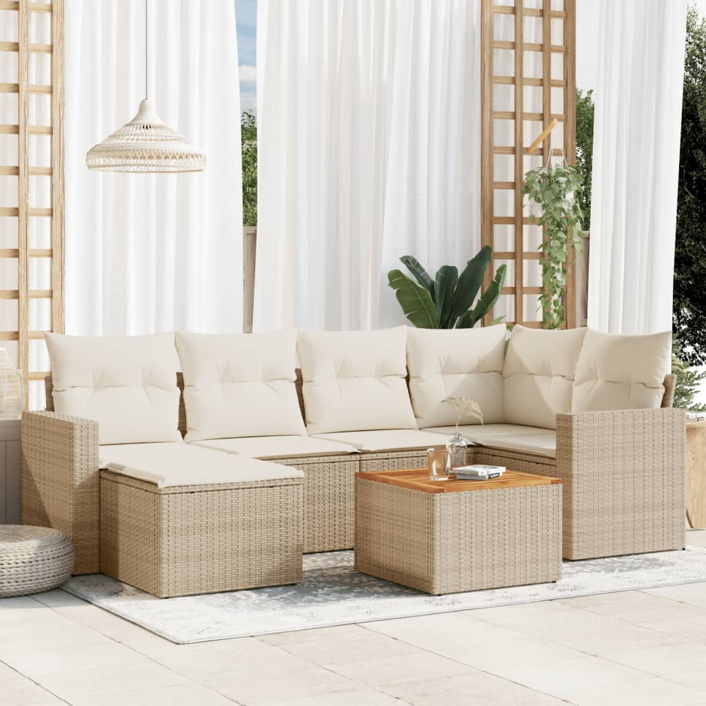 7 Pcs conjunto de sofás p/ jardim com almofadões vime PE bege
