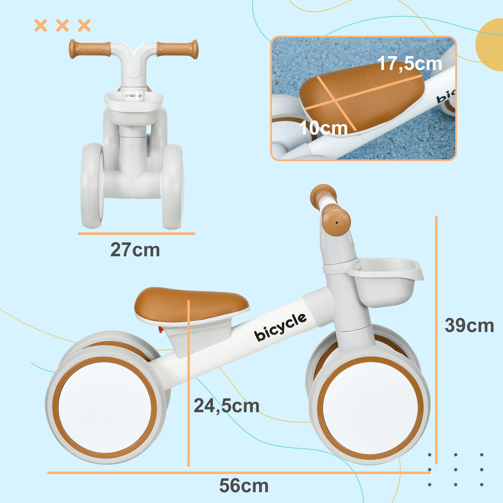 Bicicleta sem pedais para crianças de 12-36 meses bicicleta de equilíbrio com assento ajustável 56x27x39 cm marrom