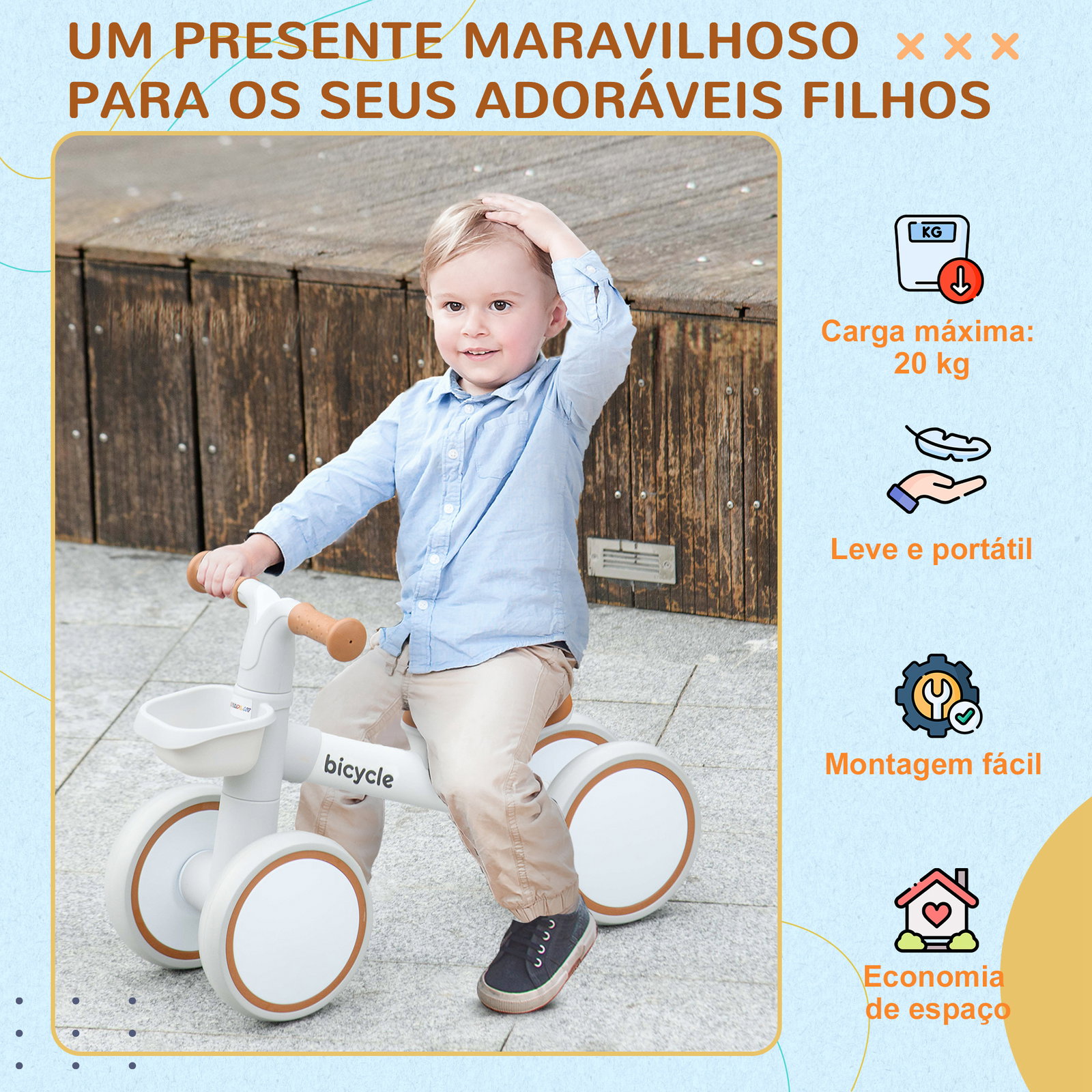Bicicleta sem pedais para crianças de 12-36 meses bicicleta de equilíbrio com assento ajustável 56x27x39 cm marrom
