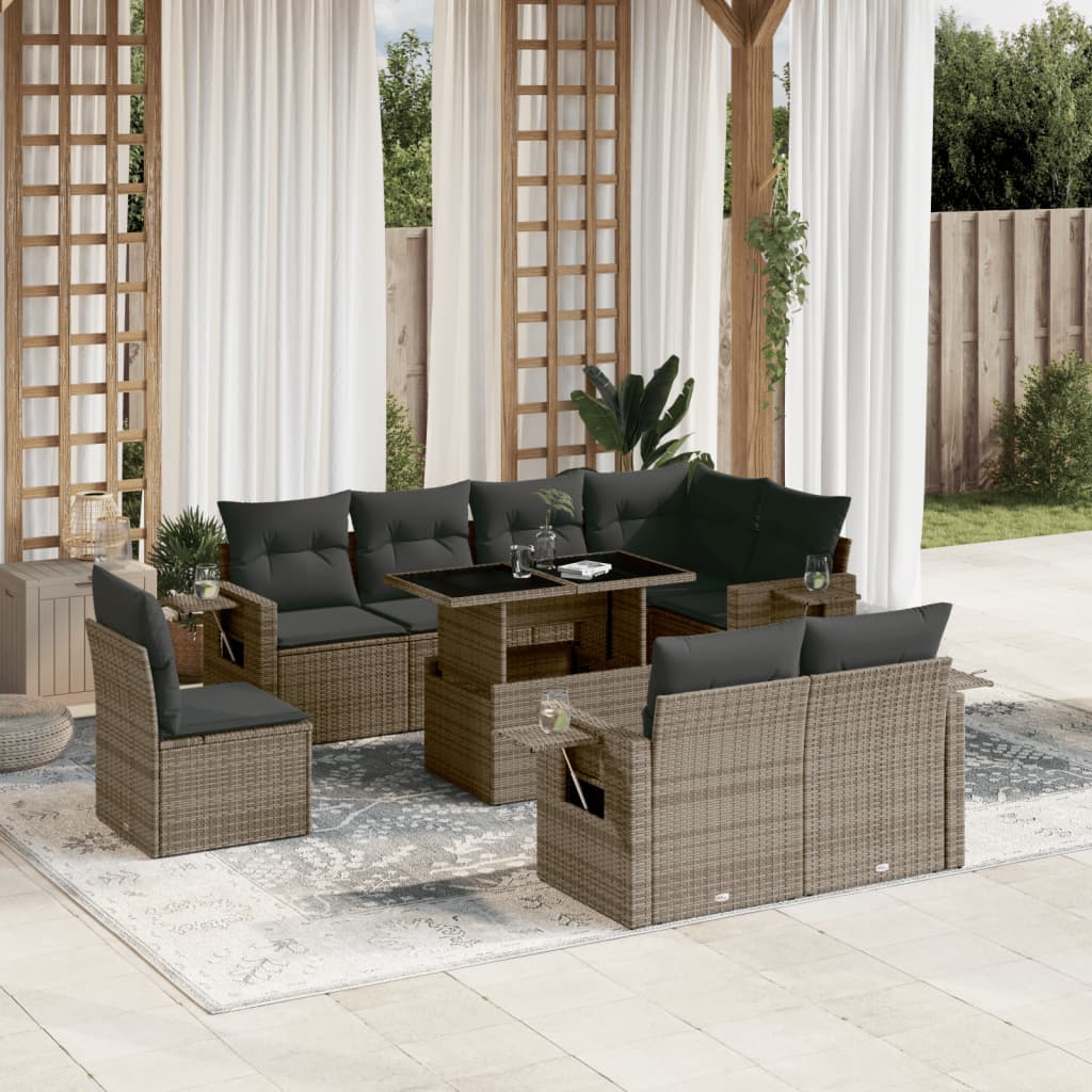9 Pcs conjunto sofás p/ jardim com almofadões vime PE cinzento