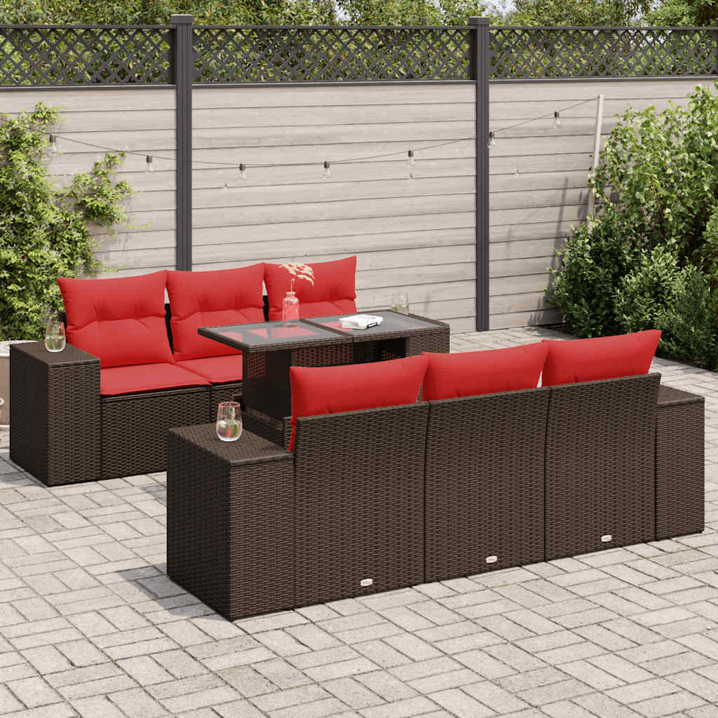 7 Pcs conj. sofás jardim c/ almofadões vime PE/acácia castanho