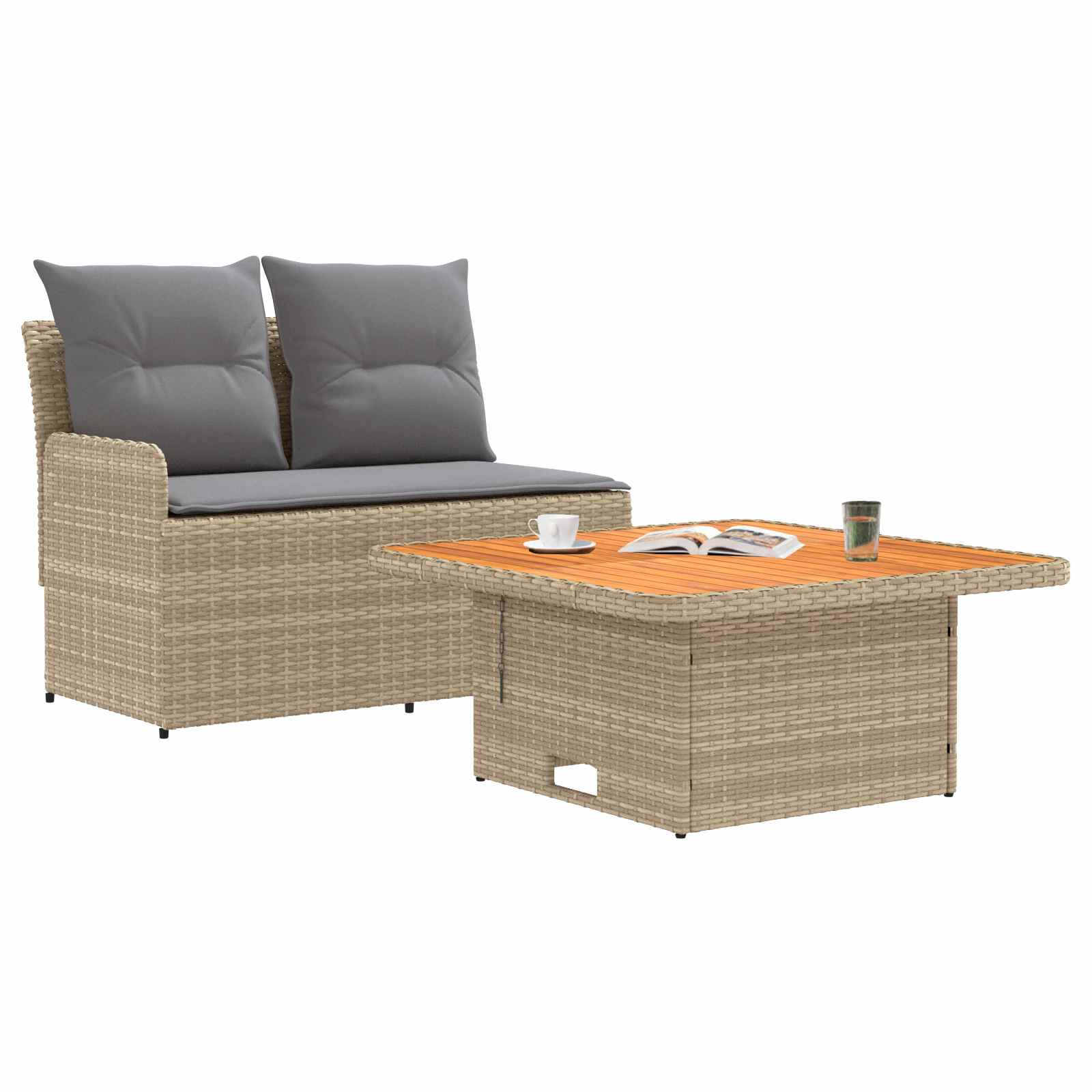Sofá de jardim com braço e mesa levantável 2 peça rattan de PE
