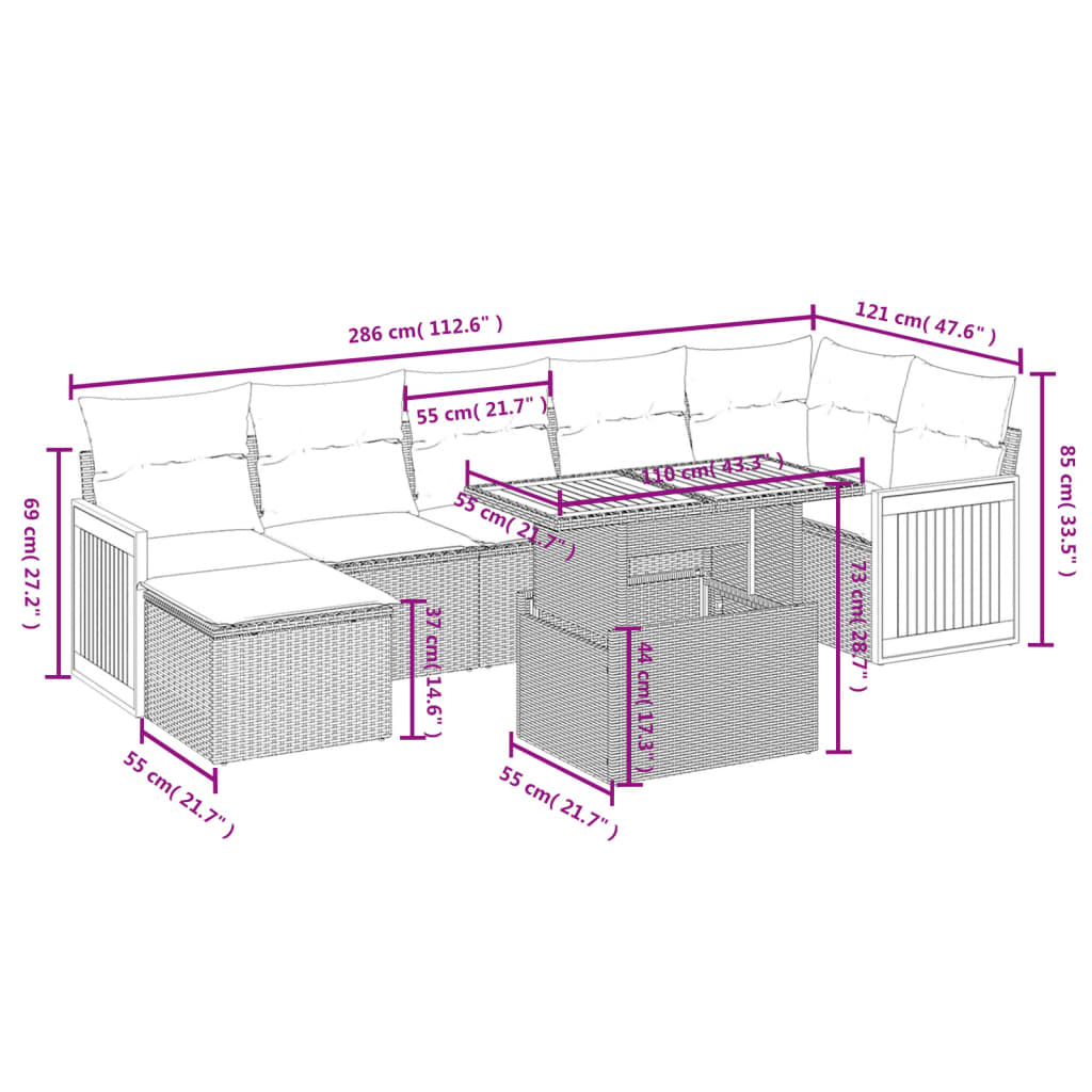 8 Pcs conjunto sofás de jardim c/ almofadões vime PE cinzento