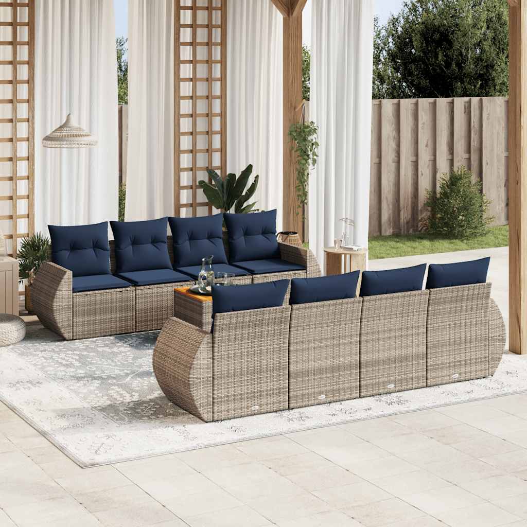Conjunto de sofá de jardim de 9 peças com almofadas em rattan sintético cinza