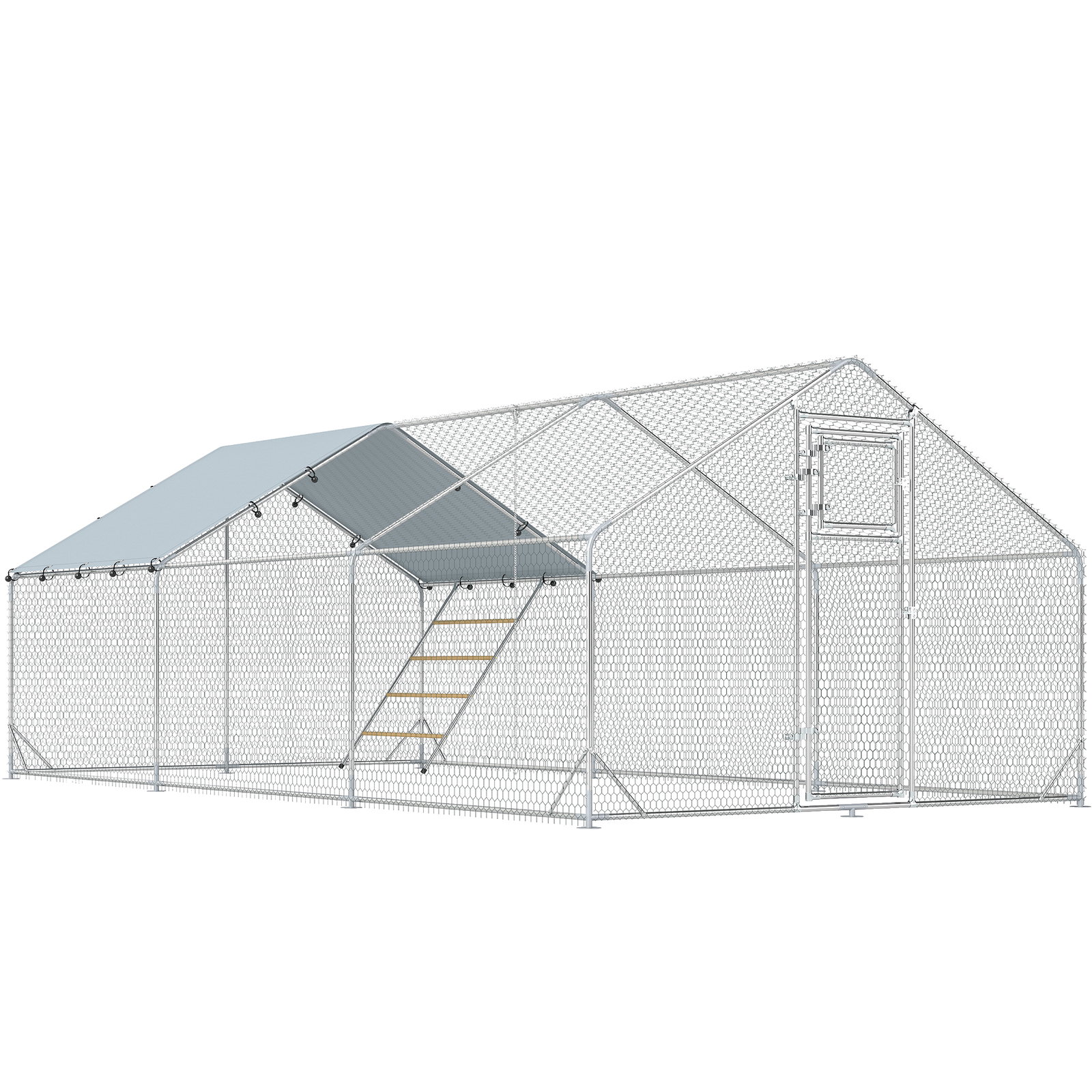 Galinheiro para exterior 3x6 m galinheiro de aço galvanizado com comedouro suspenso tipo espeto poleiro anti-UV prata