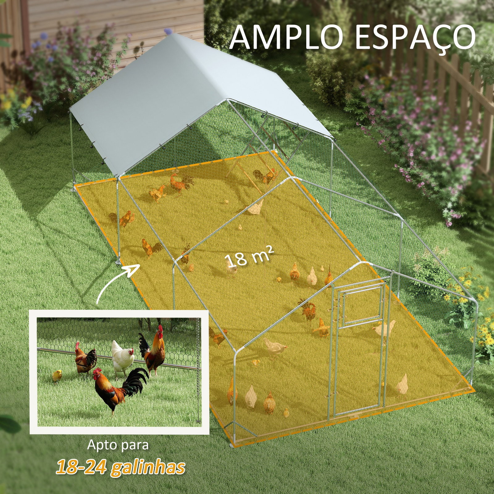 Galinheiro para exterior 3x6 m galinheiro de aço galvanizado com comedouro suspenso tipo espeto poleiro anti-UV prata