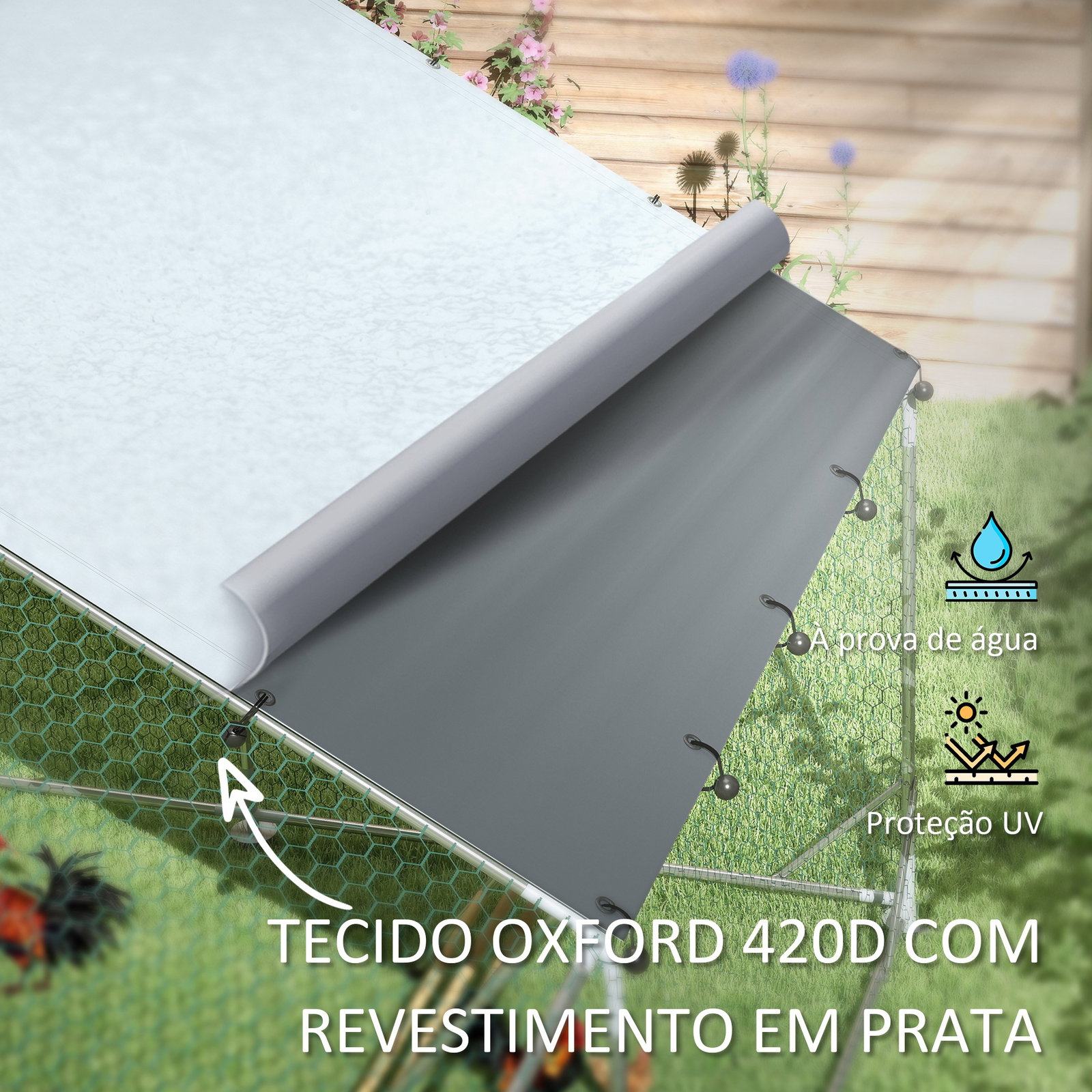 Galinheiro para exterior 3x6 m galinheiro de aço galvanizado com comedouro suspenso tipo espeto poleiro anti-UV prata