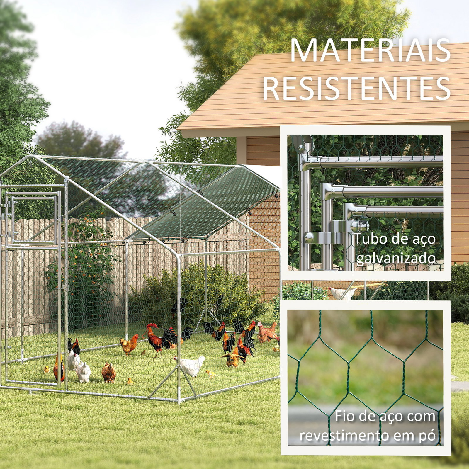 Galinheiro para exterior 3x6 m galinheiro de aço galvanizado com comedouro suspenso tipo espeto poleiro anti-UV prata