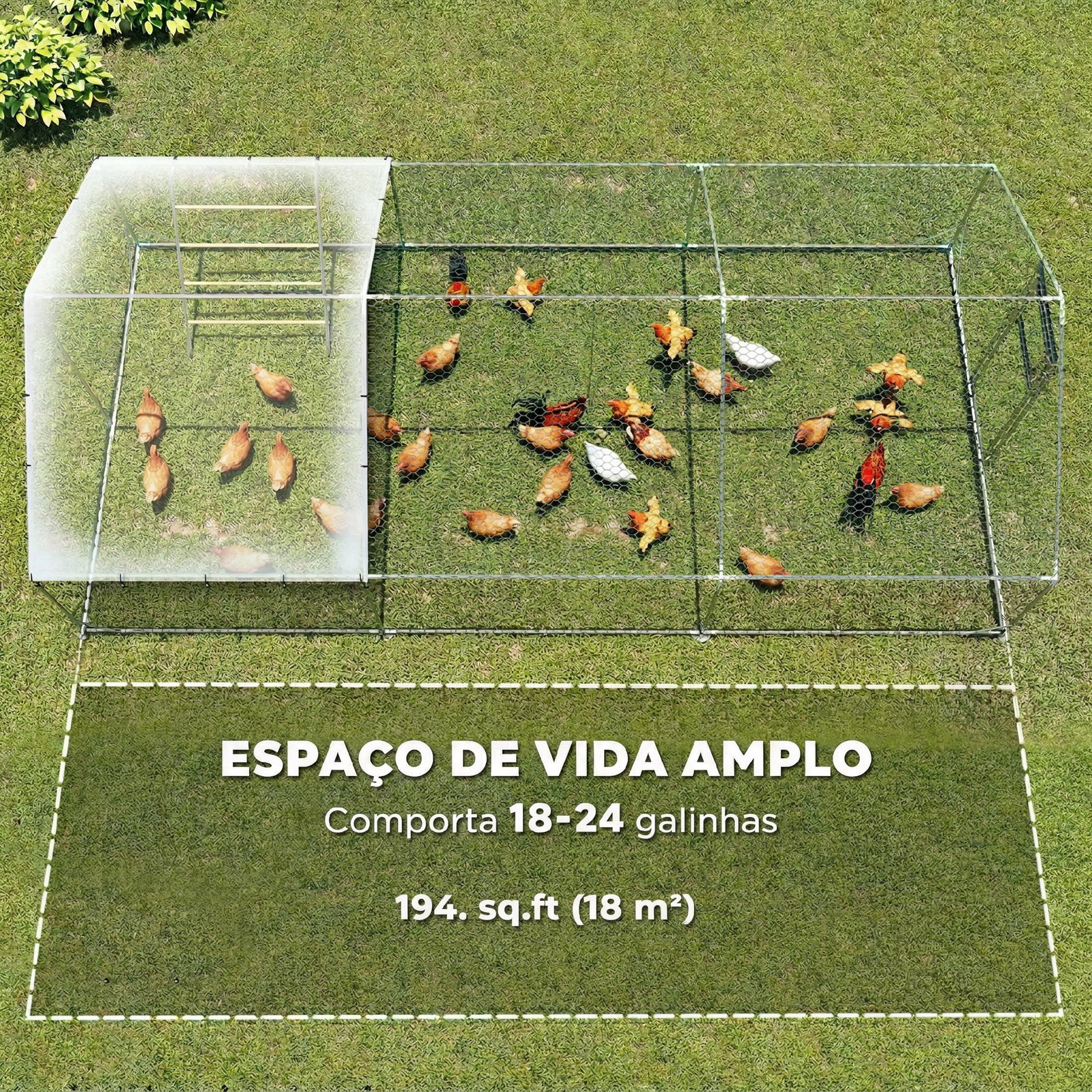Galinheiro para exterior 3x6 m galinheiro de aço galvanizado com comedouro suspenso tipo espeto poleiro anti-UV prata