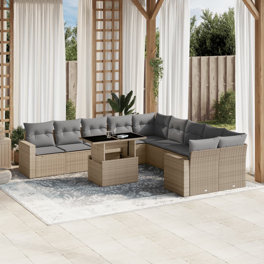 11 Pcs conjunto sofás de jardim c/ almofadões vime PE bege